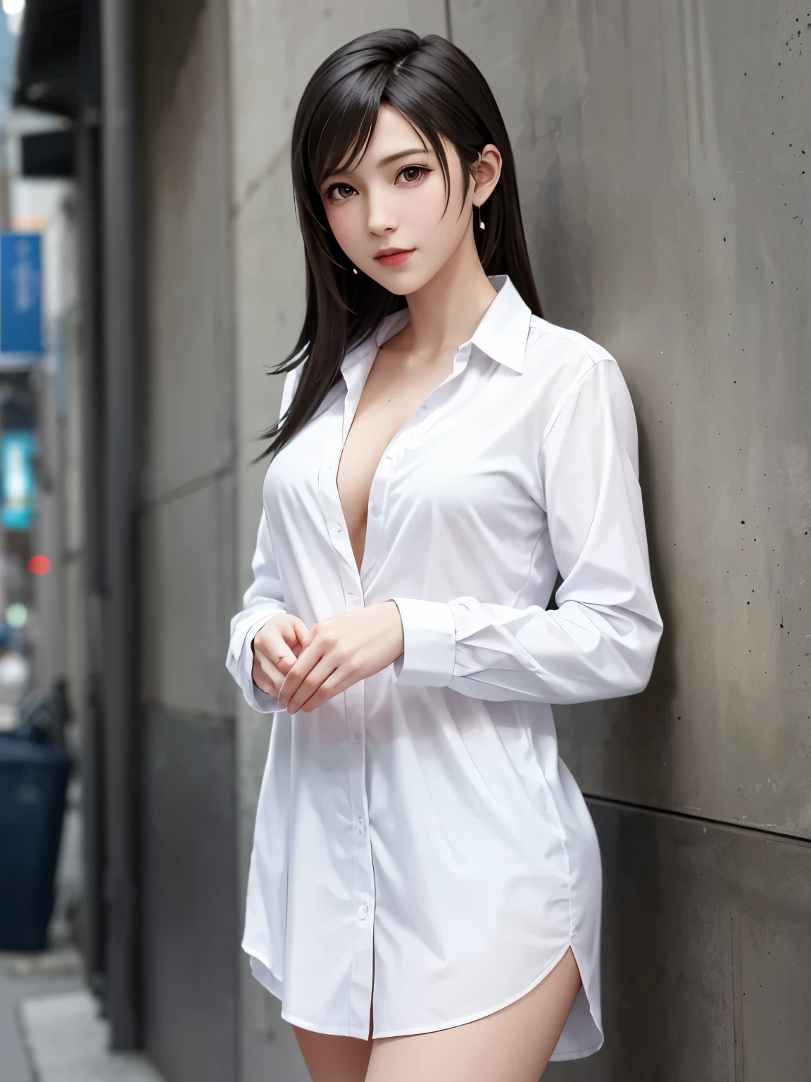 (top quality, masutepiece: 1.1), (Realistic: 1.3), BREAK (((FF7,Tifa_lockhart))),(solo,Tifa:1.2),(boyfriend's clothes:1.3,oversized long white shirt:1.3,long sleeve:1.2,shirt dress:1.3) ,(japan,sibuya,city, outdoor,behind wall,neon),(cool pose:1.1),Ultra-detailed face, Detailed eyes,Red eyes, BREAK (((FF7,Tifa_lockhart))),(black brown hair, Large breasts: 1.0), BREAK (no bra),(no panties),About 18 years old,kawaii,shy:1.1,meeting up for a date,waiting,cowboy shot