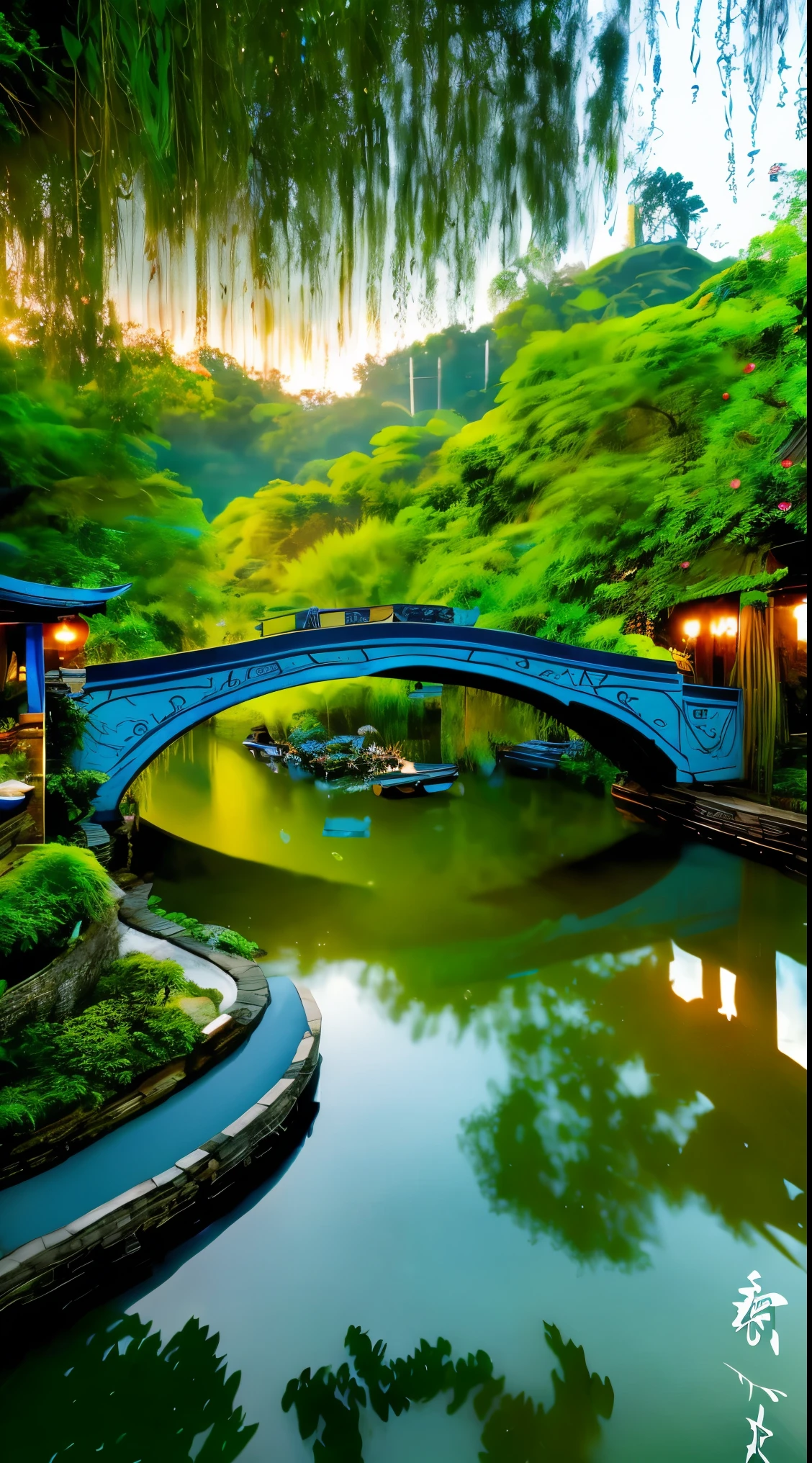 At dusk, green trees, willows flying, surrounded by blue water, small bridges and flowing water, antique color, floral fragrance, warm as jade, birds singing and flowers, water town paintings, leisurely, real photography, 16K resolution