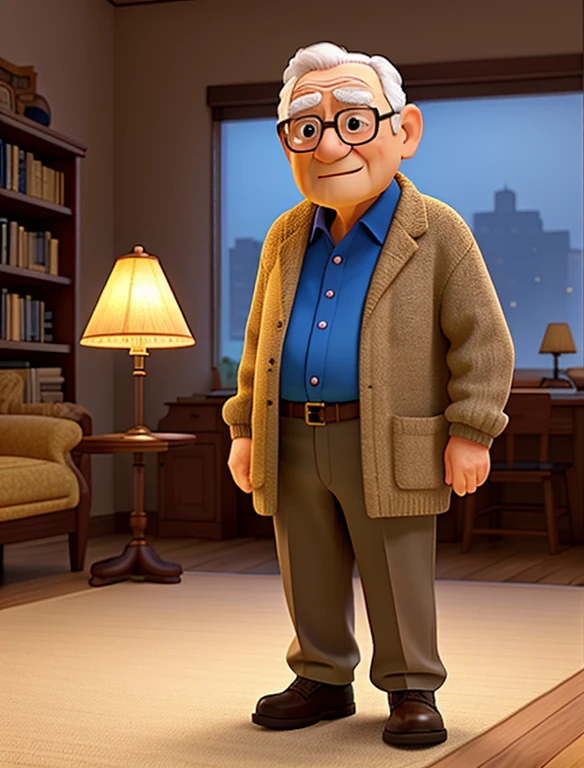 A wise old man standing in front, illuminated by the light of a lamp, tendo como pano de fundo uma biblioteca