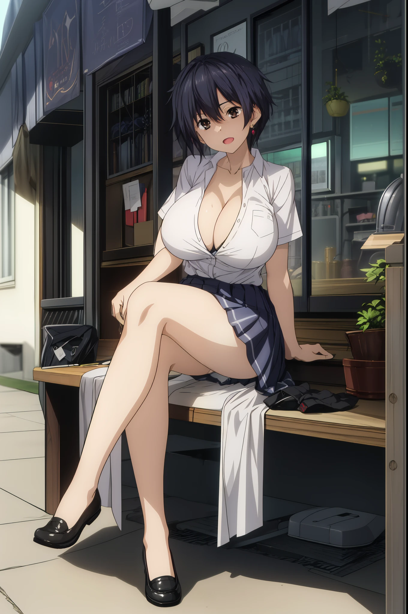 (Beautiful,Huge_Breasts:1.3), An enchanting visual unfolds, a sexy cartoon girl with very large breasts in a female outfit and school girl skirt, itsuka_shidou, 1girl, breasts, wearing bra, skirt, solo, shirt, between breasts, bangs, cleavage, pleated skirt, blunt bangs, earrings, open mouth, night, jewelry, open clothes, smile, school shoes, thigh-highs, school uniform.
1 girl, 20yo,YOUNG female, Beautiful long legs ,Beautiful body ,Beautiful Nose ,Beautiful character design, perfect eyes, perfect face,
official art, extremely detailed CG unity 8k wallpaper, perfect lighting,Colorful, Bright_Front_face_Lightinasterpiece:1.0),(best_quality:1.0), ultra high res,4K,ultra-detailed,
photography, 8K, HDR, highres, absurdres:1.2, Kodak portra 400, film grain, blurry background, bokeh:1.2, lens flare, (vibrant_color:1.2)
, (beautiful_face:1.5),(narrow_waist), (Beautiful,Huge_Breasts:1.4)