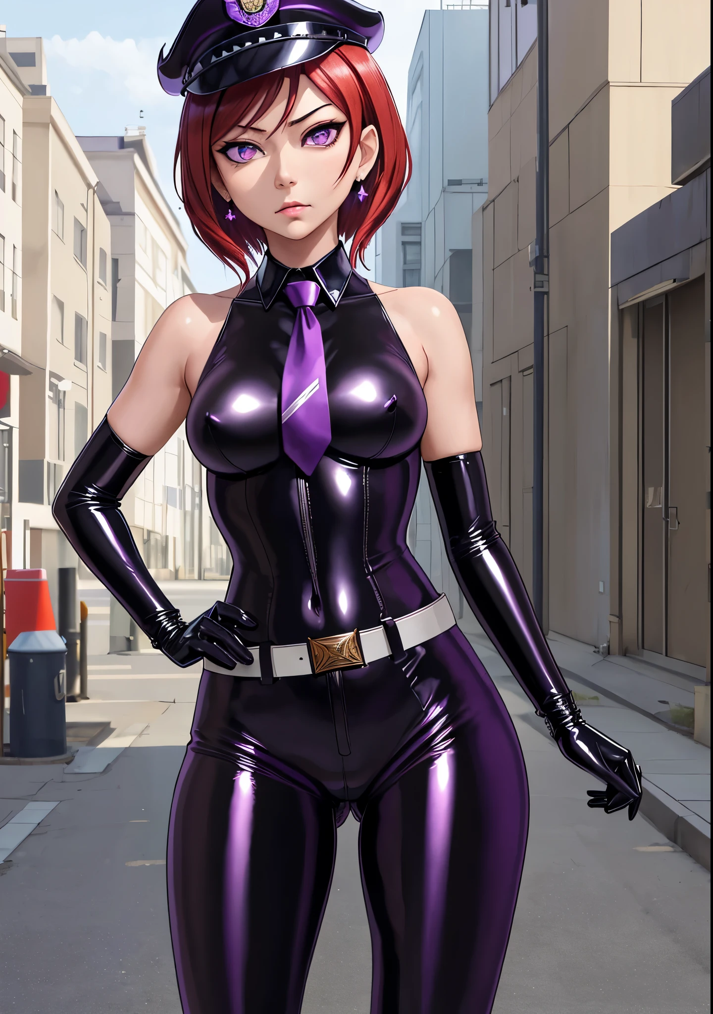 Masterpiece, best quality, detailed face,Nishikino maki, short hair, purple eyes, latex bodysuit, necktie,earrings, black belt, police cap,looking at viewer,hand on hip,standing,in street, serious face
