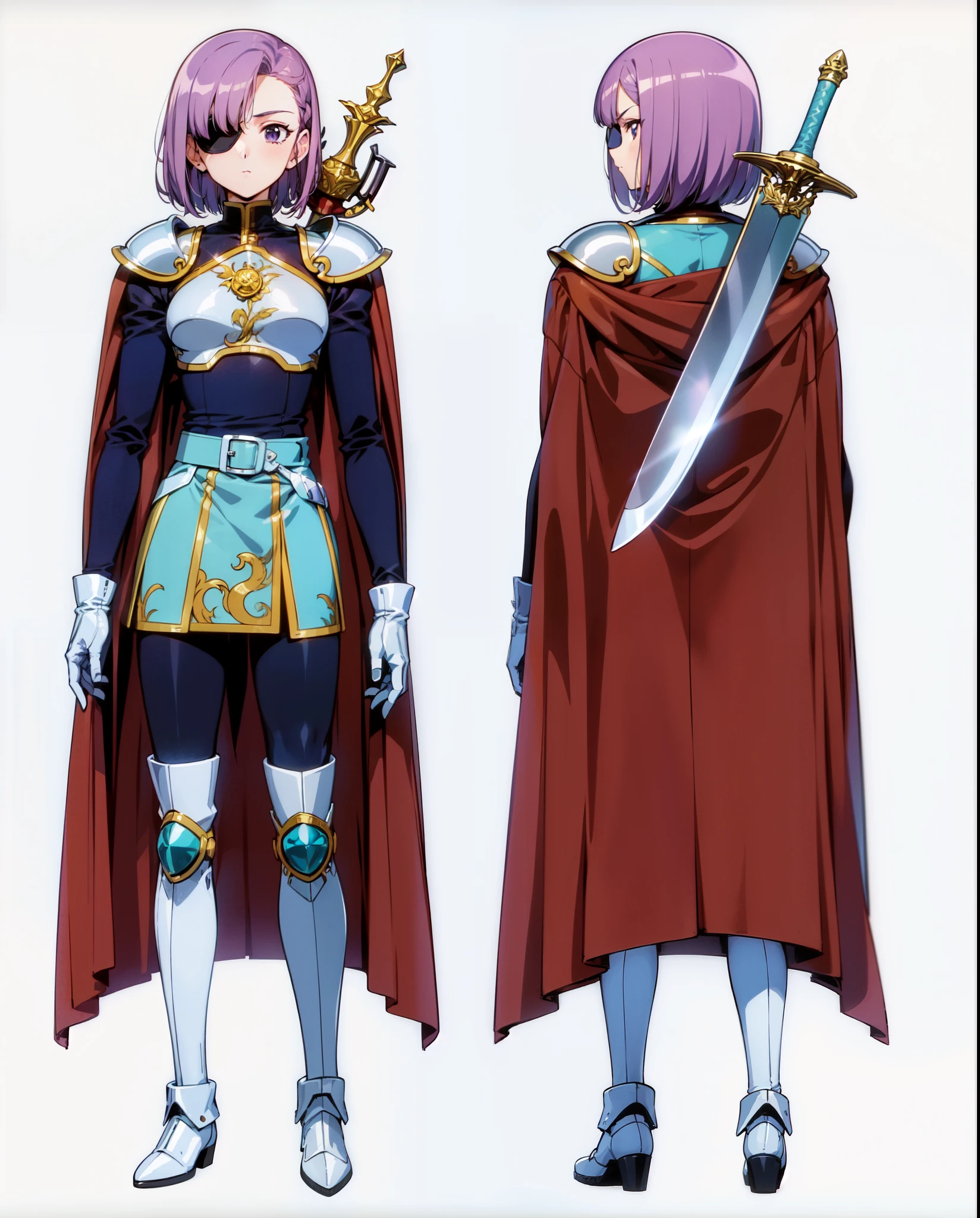 urushihara satoshi,, highly detailed,flat color,best quality,elegant standing,masterpiece,,urushihara satoshi,1girl,,1980s \(style\), normal proportion,((masterpiece)),(((best quality))),DETAILED FACE, 1girl, solo,(((middle part hair))),purple hair,short hair,retro artstyle,eye patch,green crystal,best shadow,sillhouttes lighting,sword,upper body,(girl:1.3),armor,ornament,,(((urushisato))),,4k,sharp,GLOVES,boots,full concept character,front and back view, face view,looking at viewer,sword,(((looking back))),buat rambutnya menutupi kuping,menoleh ke belakang,dengan gaya 80s anime,illustrasi yang sempurna,buat rambutnya seperti rambut android 17 dragonball,