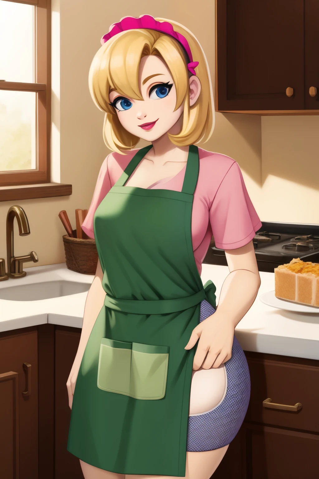 robot housewife, blonde hair, pink shirt, pink hairband, green-white plaid apron