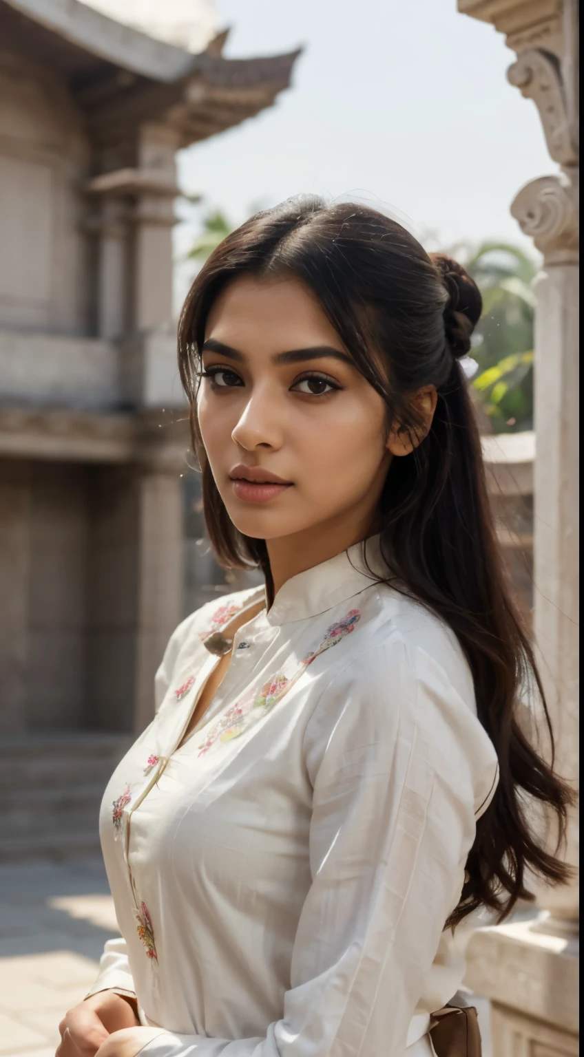 ultra-realistic photographs,Indian Instagram female model,mid 20s,9:16,mid-shot,beautiful detailed eyes,detailed lips,longeyelashes,black bun hair, naturally full eyebrows,perfectly formed nose,expressive face,attractive appearance,confident and elegant posture,graceful movement,vibrant and colorful kurta dress, floral patterns, temple background, serene atmosphere,stunning architecture,soft and natural lighting,vivid colors,photorealistic,HDR,highres,studio lighting,ultra-detailed,bokeh,fully covered clothes