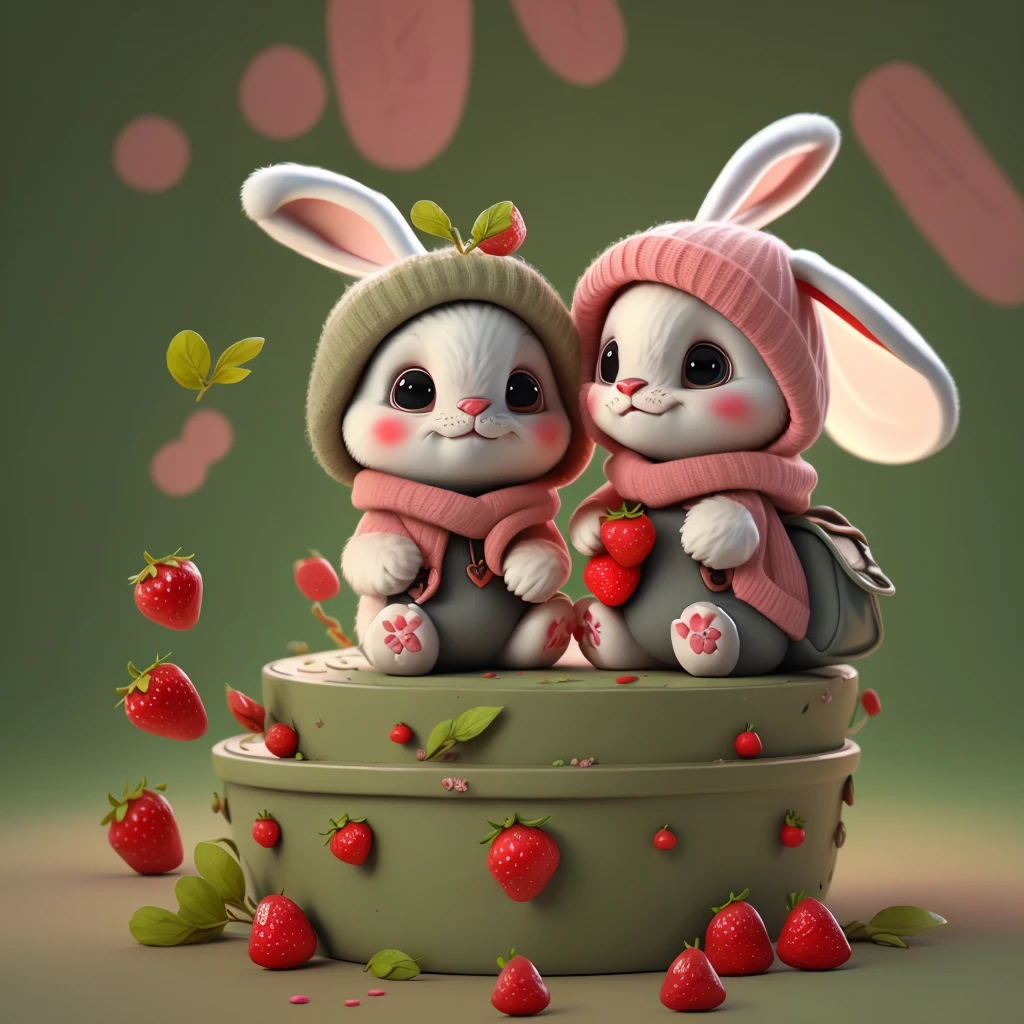 : 3. bunny, realistic, furry animal, apple, black eye, blush, cherry, food, fruit, full body, hat, non-human, strawberry, tomato, watermelon