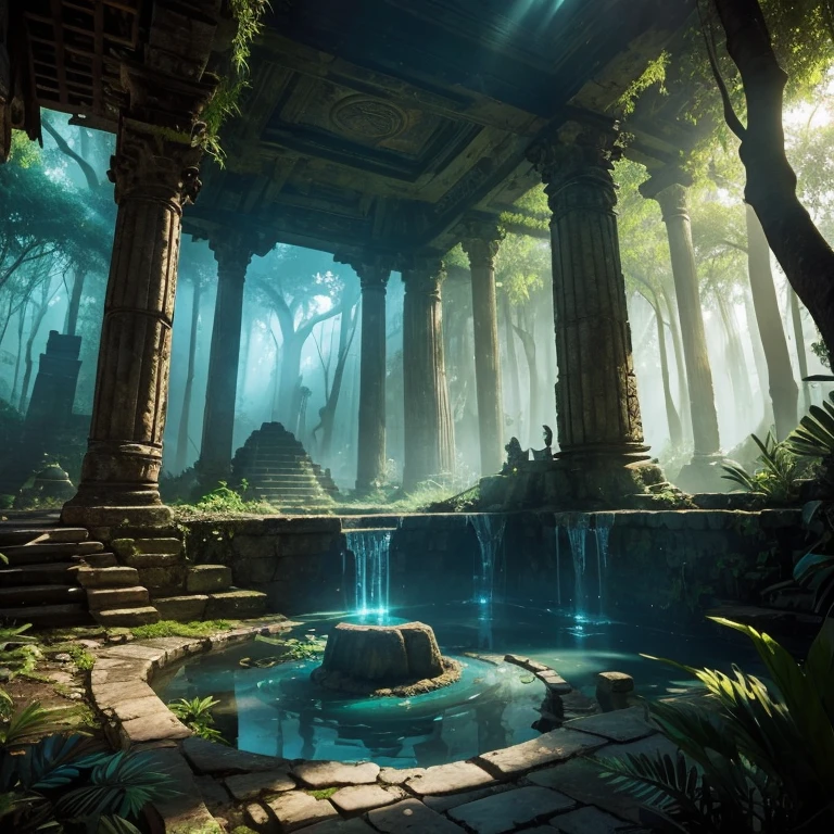 double exposure of Aztec god silhouette,Aztec temple, cenote,jungle,ancient ruins[masterpiece:1.2],mystical atmosphere,intense colors,ethereal lighting,ethereal core,spiritual essence,vibrant foliage,crumbling stone walls,hidden secrets,ancient civilization,divine presence,sacred rituals,mysterious shadows,mythical creatures,dense vegetation,majestic architecture,serene water,ancient history,mythological figures,enchanted atmosphere,mysterious aura,lost civilization[enhance:1.1],enigmatic vibes,otherworldly landscape,timeless beauty,symbolic elements,wild beasts,tribal symbols,sacred offerings,magnificent view,rich heritage,dramatic contrasts,hidden treasures,awe-inspiring vibe,awe-inspiring view,harmony with nature,enchanted forest,ancestral legends[juxtaposition],nature's sanctuary,cosmic forces[photorealistic:1.37],mystical energy,ancient wisdom,mysterious artifacts,ritual dances,vivid imagination,mythical tales,surreal blend of cultures,divine wisdom