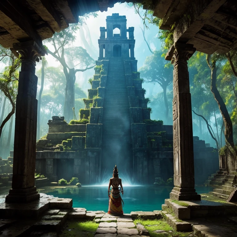 double exposure of Aztec god silhouette,Aztec temple, cenote,jungle,ancient ruins[masterpiece:1.2],mystical atmosphere,intense colors,ethereal lighting,ethereal core,spiritual essence,vibrant foliage,crumbling stone walls,hidden secrets,ancient civilization,divine presence,sacred rituals,mysterious shadows,mythical creatures,dense vegetation,majestic architecture,serene water,ancient history,mythological figures,enchanted atmosphere,mysterious aura,lost civilization[enhance:1.1],enigmatic vibes,otherworldly landscape,timeless beauty,symbolic elements,wild beasts,tribal symbols,sacred offerings,magnificent view,rich heritage,dramatic contrasts,hidden treasures,awe-inspiring vibe,awe-inspiring view,harmony with nature,enchanted forest,ancestral legends[juxtaposition],nature's sanctuary,cosmic forces[photorealistic:1.37],mystical energy,ancient wisdom,mysterious artifacts,ritual dances,vivid imagination,mythical tales,surreal blend of cultures,divine wisdom
