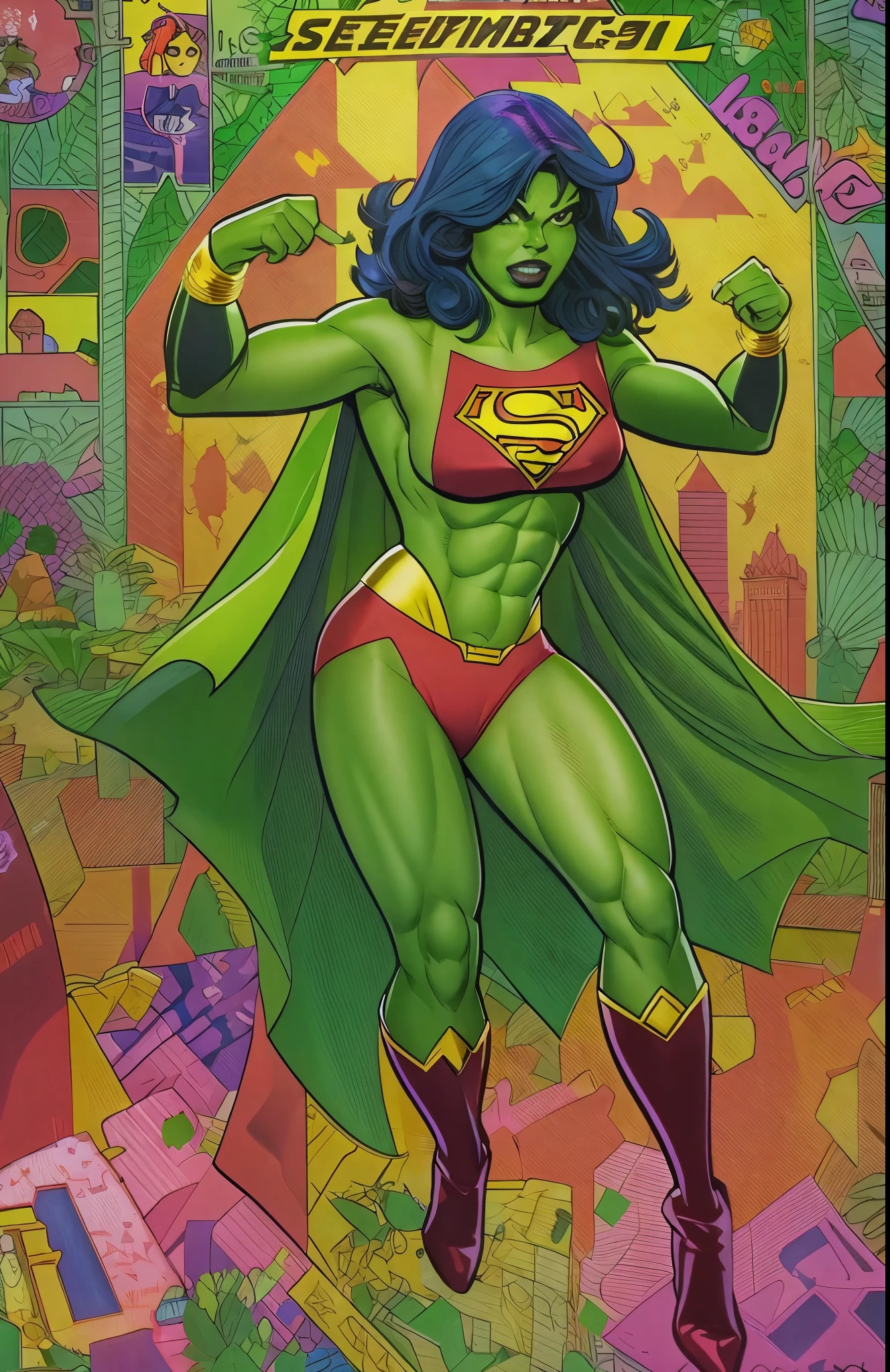 The amazing She-Hulk, dressed in a Supergirl costume and cape.