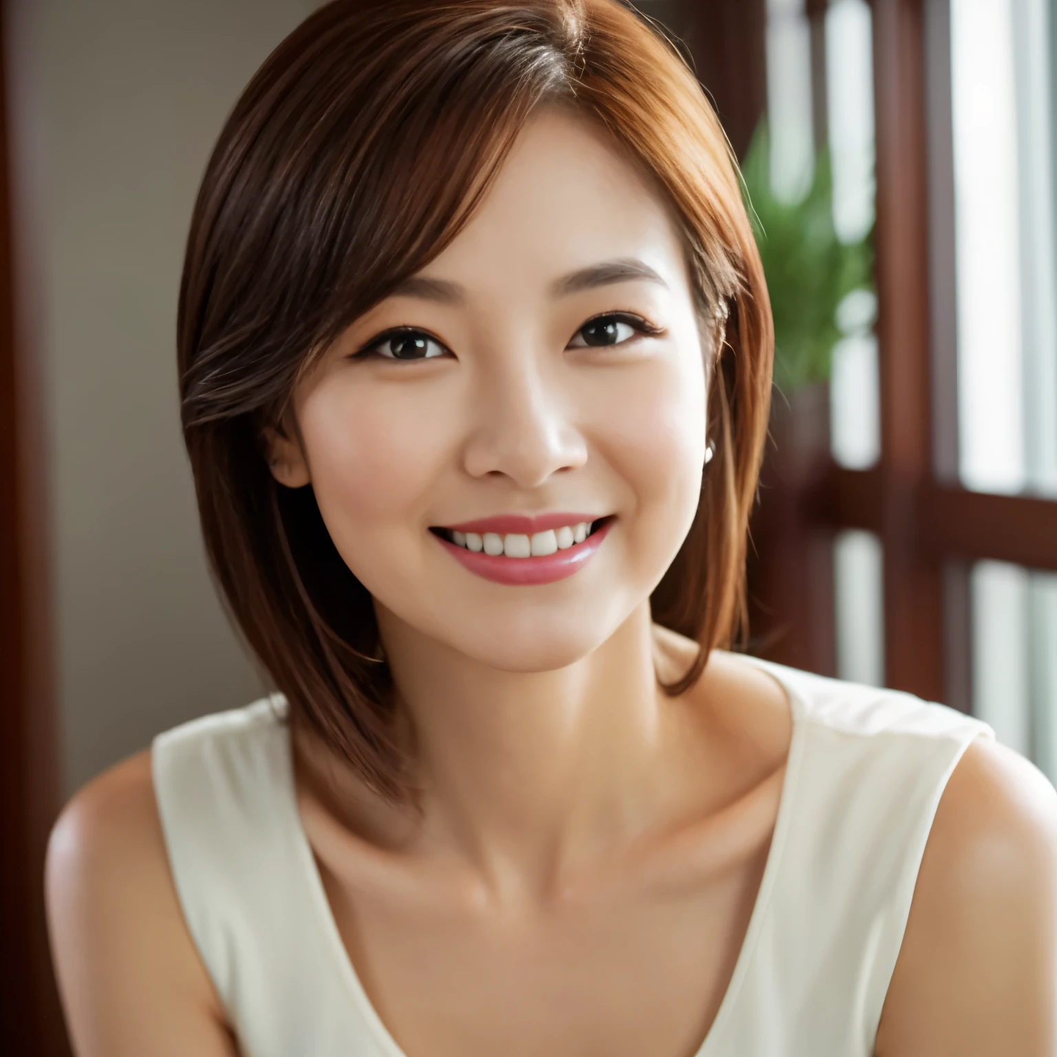 (highest quality、table top、8K、best image quality), The most beautiful and classy 45 year old mature woman、 Beautiful detailed face、Standing in the hallway of an apartment、Elegant plain sleeveless tops、(A smile that looks at me lovingly:1.2)、(beautiful elegant smile looking at me:1.1)、perfect makeup、lipstick、long eyelashes、perfect glossy beautiful lips、plump lips、Beautiful and classy eye shadow The most beautiful and classy hairstyle、(accurate anatomy:1.1)、perfect makeup、blurred background