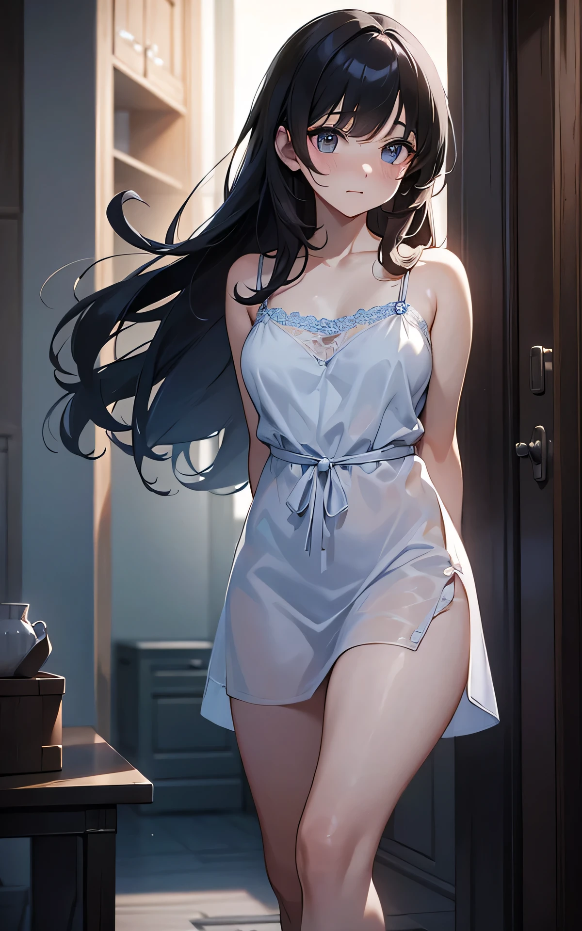 (Unity 16K Wallpaper, Masterpiece, Best Quality, Ultra Detailed, Extremely Detailed CG, Ultra High Resolution, Caustics, Detailed, Beautiful Detailed Eyes, solo, curby, negligee:1.3, looking back:1.3, portrait, embarrassed, arms behind back), fine skin, black hair
