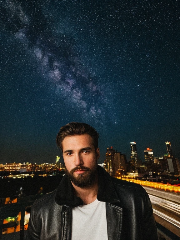 RAW uhd full body shot of a 24-year-old men, natural brown hair, styled, fair skin, stylish short black beard, wearing a leather jacket on top of a white shirt, wearing jeans, new york background, night starry sky, city night background, detailed (textures!, hair!, brightness, color!, imperfections:1.1), highly detailed brown eyes, (looking at the camera), specular lighting, dslr, ultra quality, sharp focus, sharp, dof, film grain, (centered), Fujifilm XT3, crystal clear, center of frame, sharp focus, light pole, neon lights, bokeh, (dimly lit), at night, (night sky)