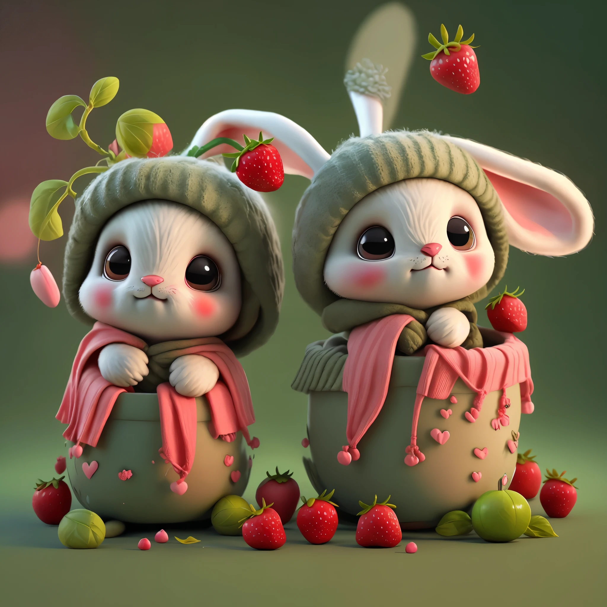 : 3. bunny, realistic, furry animal, apple, black eye, blush, cherry, food, fruit, full body, hat, non-human, strawberry, tomato, watermelon