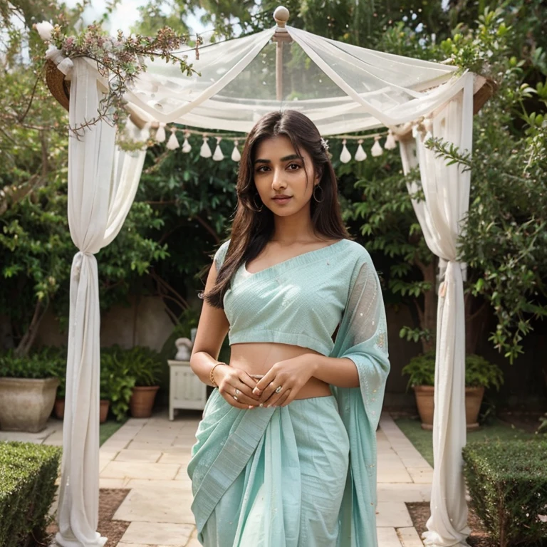 lovely cute young attractive indian girl, brown eyes, gorgeous actress, 23 years old, cute, an Instagram model, Indian, wearing Ethereal Elegance Ensemble,Mint Green and Lavender:

Description: Refreshing and serene, mint green and lavender evoke a sense of tranquility.
Use: Spring or garden weddings, tea parties, or casual events.