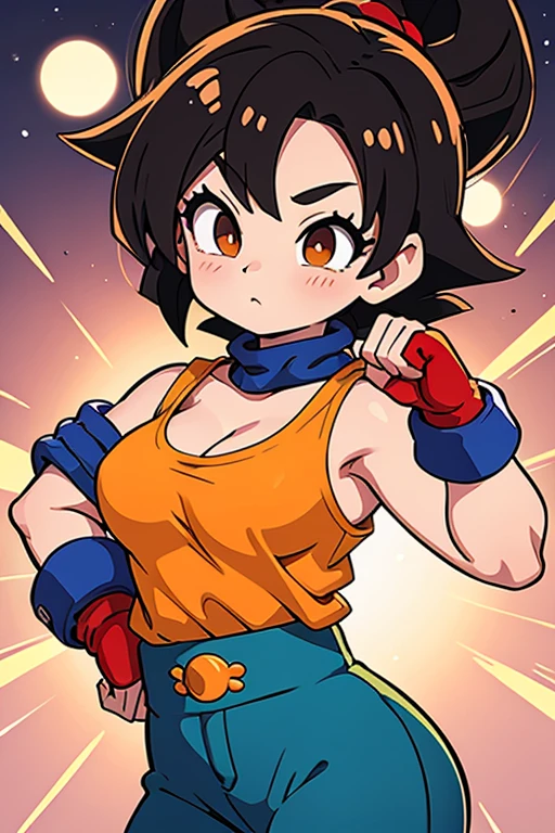 mulher bonita e forte estilo dragon ball exibindo os musculos extremamente definidos malhando