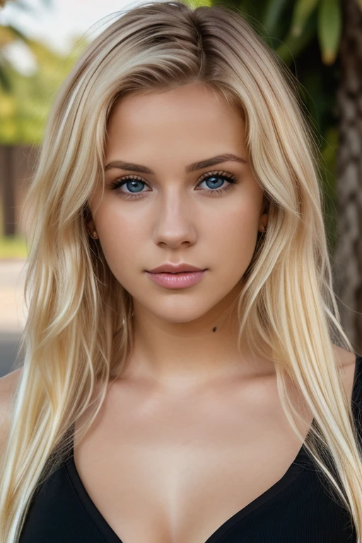 color photograph, mid shot, black dress, primer plano, ((A realistic photo of a beautiful blonde 25-year-old girl))