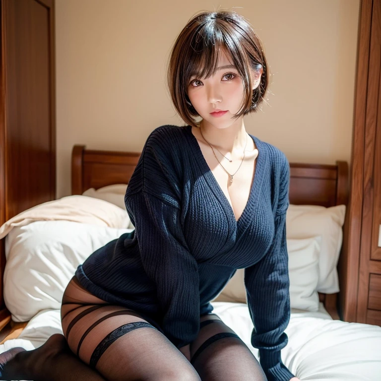 (highest quality、8K、32K、masterpiece、nffsw:1.2)、photo of cute japanese woman、big breasts、very short bobbed hair、whole body、necklace、 balanced body、Chest opening sweater、Cleavage、black tights、knee high socks、Show the viewer the soles of your feet