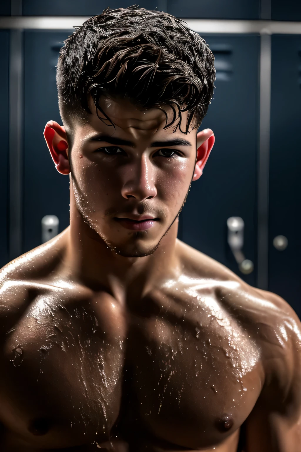Portrait de Nick Jonas, Cheveux humide, masculine spectaculaire, aux seins nus, poitrine poilue, spectaculaire after shower, Scène de vestiaire, 8K, HDR, reflex numérique, ultra réaliste, spectaculaire, Haute qualité, fermer, graveleux