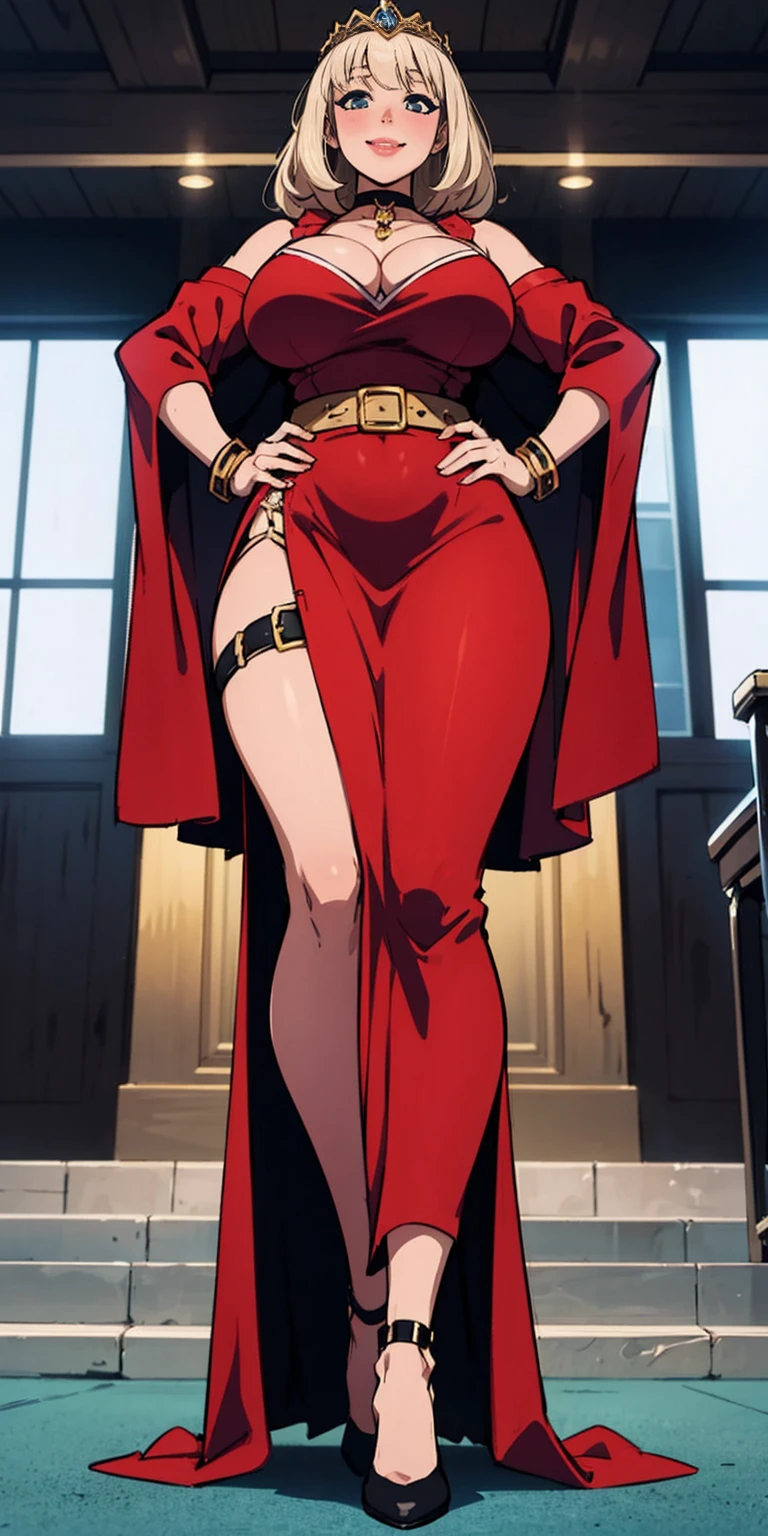 mamika,huge breast, curvy, long dress, long robes, , long skirt, tall female, smile, happy, blush,solo focus, single character, 1girl,walking, full body, whole body. 1solo (girl). standing, hands on hips full body, whole body. choker, big belt, view from below, feet together, bracers, tiara