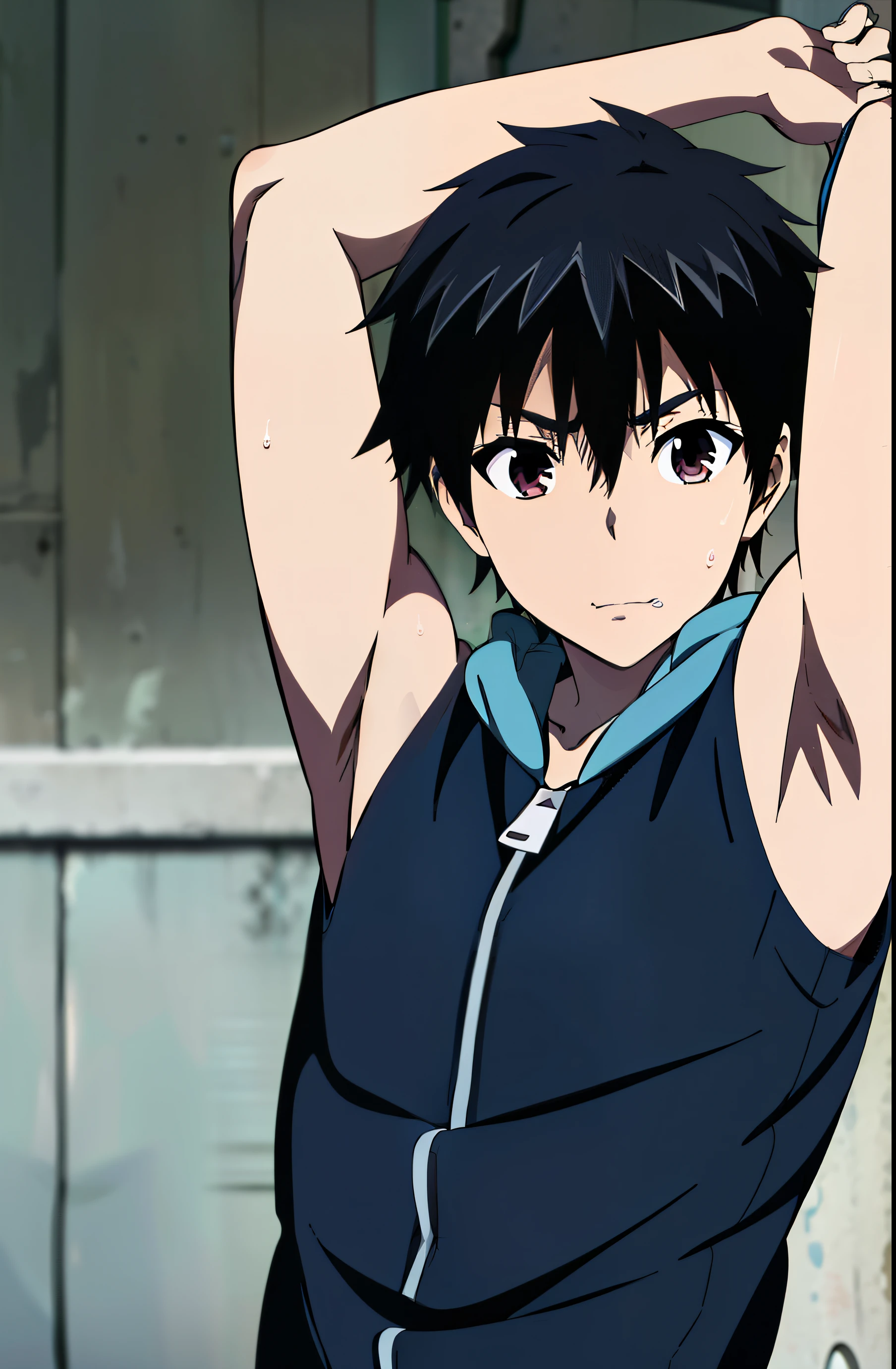 masterpiece, best quality, high quality, yotsuya_yuusuke, 1boy, solo, Yotsuya yuusuke, male focus, looking at viewer, upper body, Black hair, Anime style, Sleeveless hoodie, Open zipper, (Showing armpit:1.3),