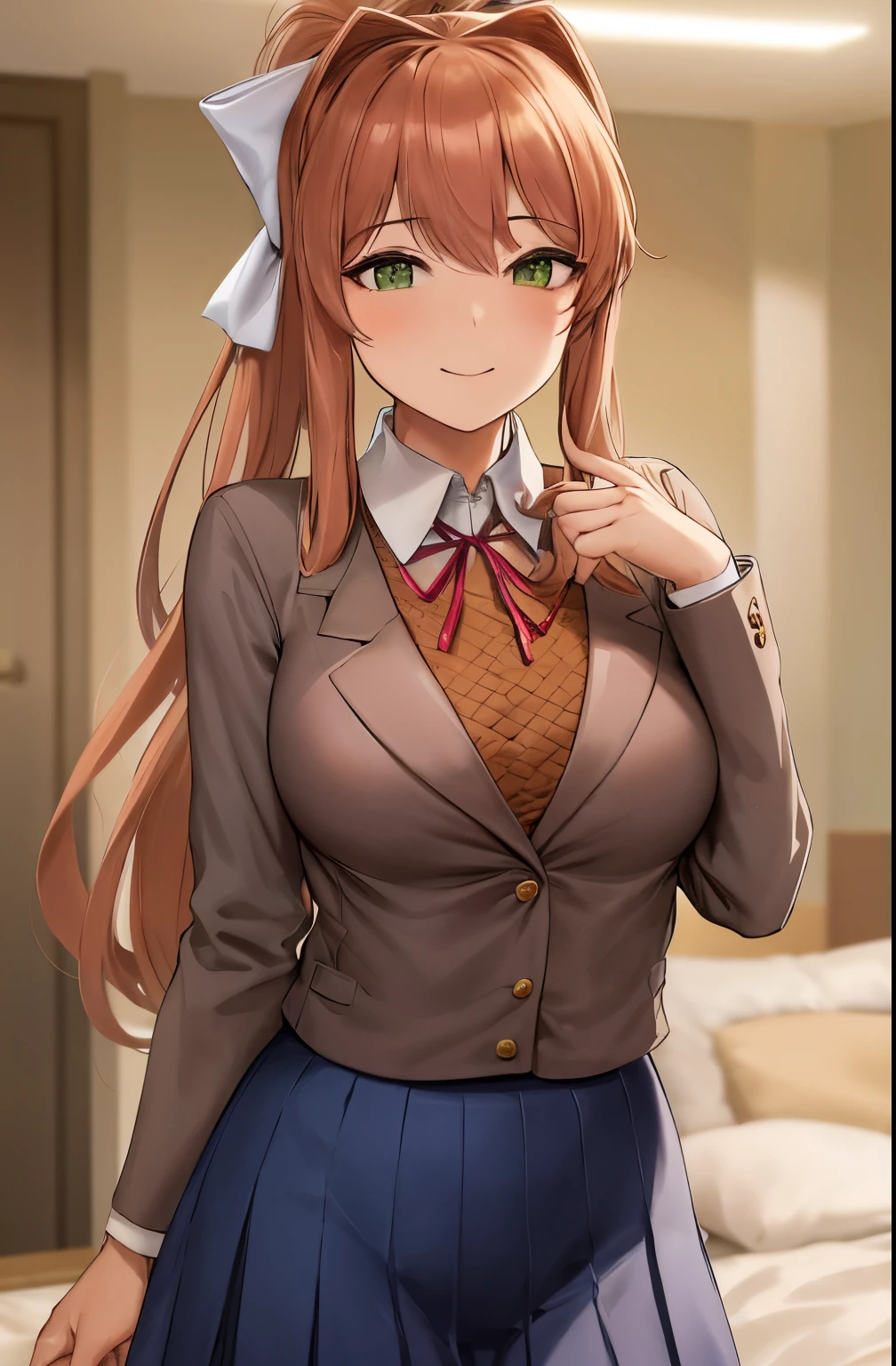 Masterpiece, realistic, 2d, (masterpiece, best quality, beautiful quality, looking at viewer, detailed lighting, 8k:1.1), (a picture of a woman, hand on face, light smile, looking at viewer, big room, solo, 1girl:1.1), monika, green eyes, brown hair, very long hair, ponytail, hair ribbon, white ribbon, blazer, brown sweater, collared shirt, neck ribbon, blue skirt