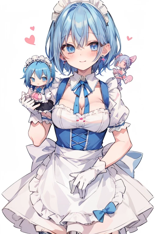 cute anime blue haired girl with pink doll and blue ribbon, maid, blue eyes, blue hair, maid headdress, apron, gloves, short hair, dress, heart, smile, white gloves, doll joints, jewelry, maid apron, joints, earrings, blush