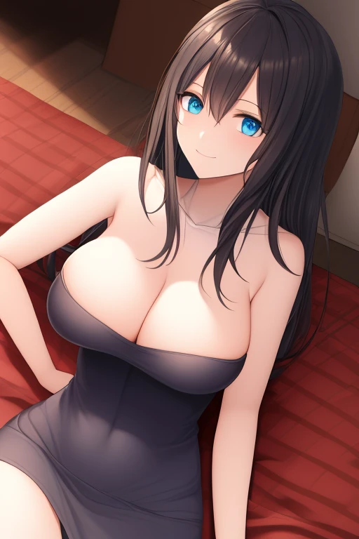 Black hair, blue eyes, large breast, sexy, beautiful body, bed, Masterpiece, angel, white wings, smile