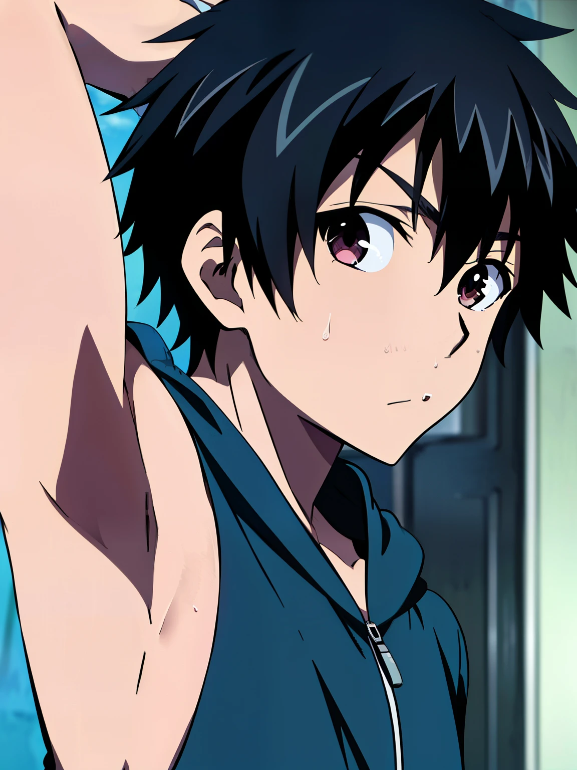 masterpiece, best quality, high quality, yotsuya_yuusuke, 1boy, solo, Yotsuya yuusuke, male focus, looking at viewer, upper body, Black hair, Sleeveless hoodie, Open zipper, (Showing armpit:1.3),