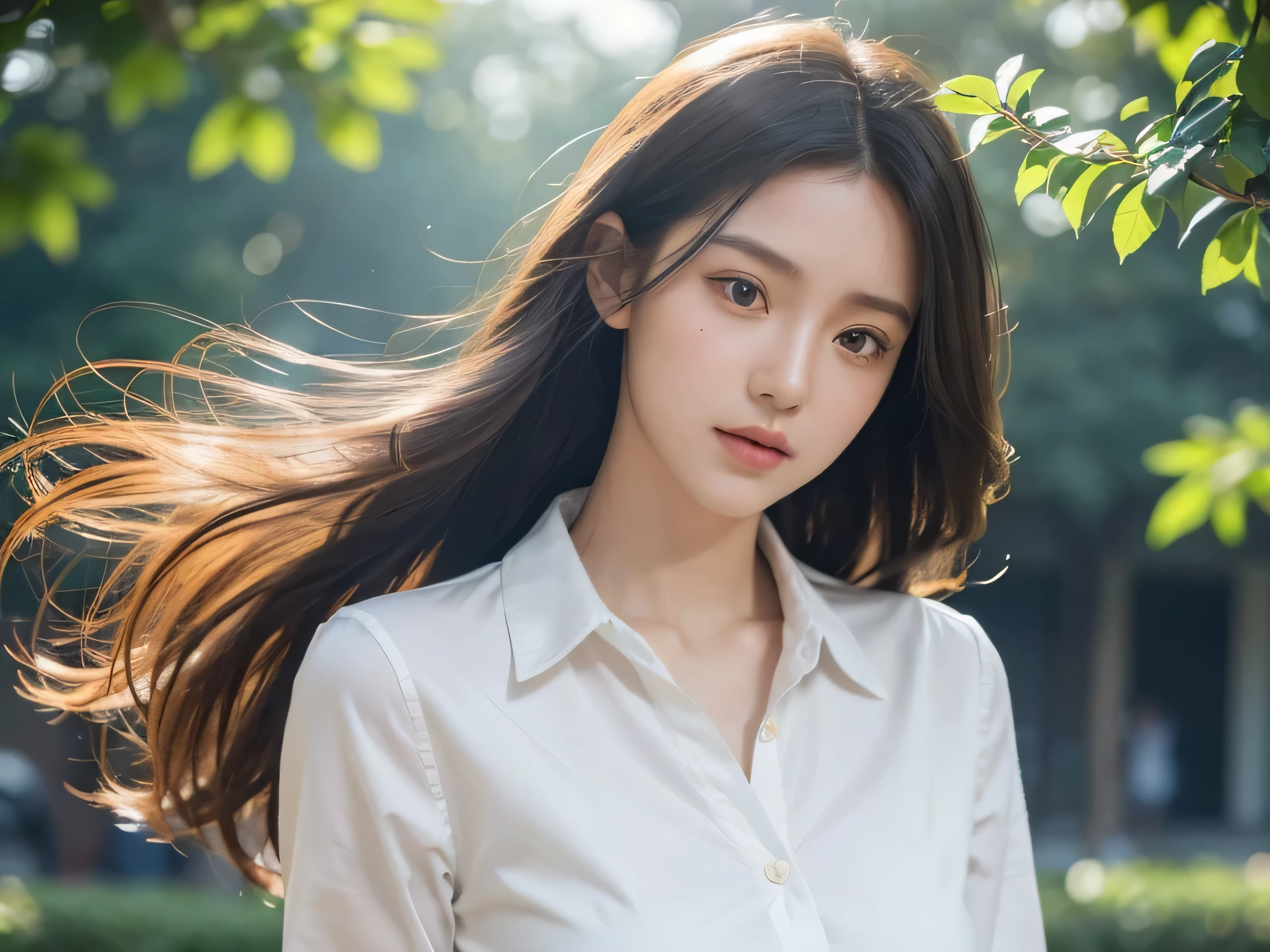 woman in a school uniform,half body shot,flowing hair,best quality,highres,on the outside of the school,focused and determined expression,vibrant colors,sunlight filtering through the trees,gentle breeze blowing her hair,meticulously detailed fabric and texture,impeccable stitching and buttons,pleats and folds in the uniform creating a sense of movement,highlighted contours and shading,realistic skin tones and subtle blush,crisp and clear lines,professional-grade rendering,subtle hint of nostalgia,soft pastel color palette,evoking a sense of tranquility,subtle lens flare adding a touch of whimsy,prominent shadows creating depth and dimension