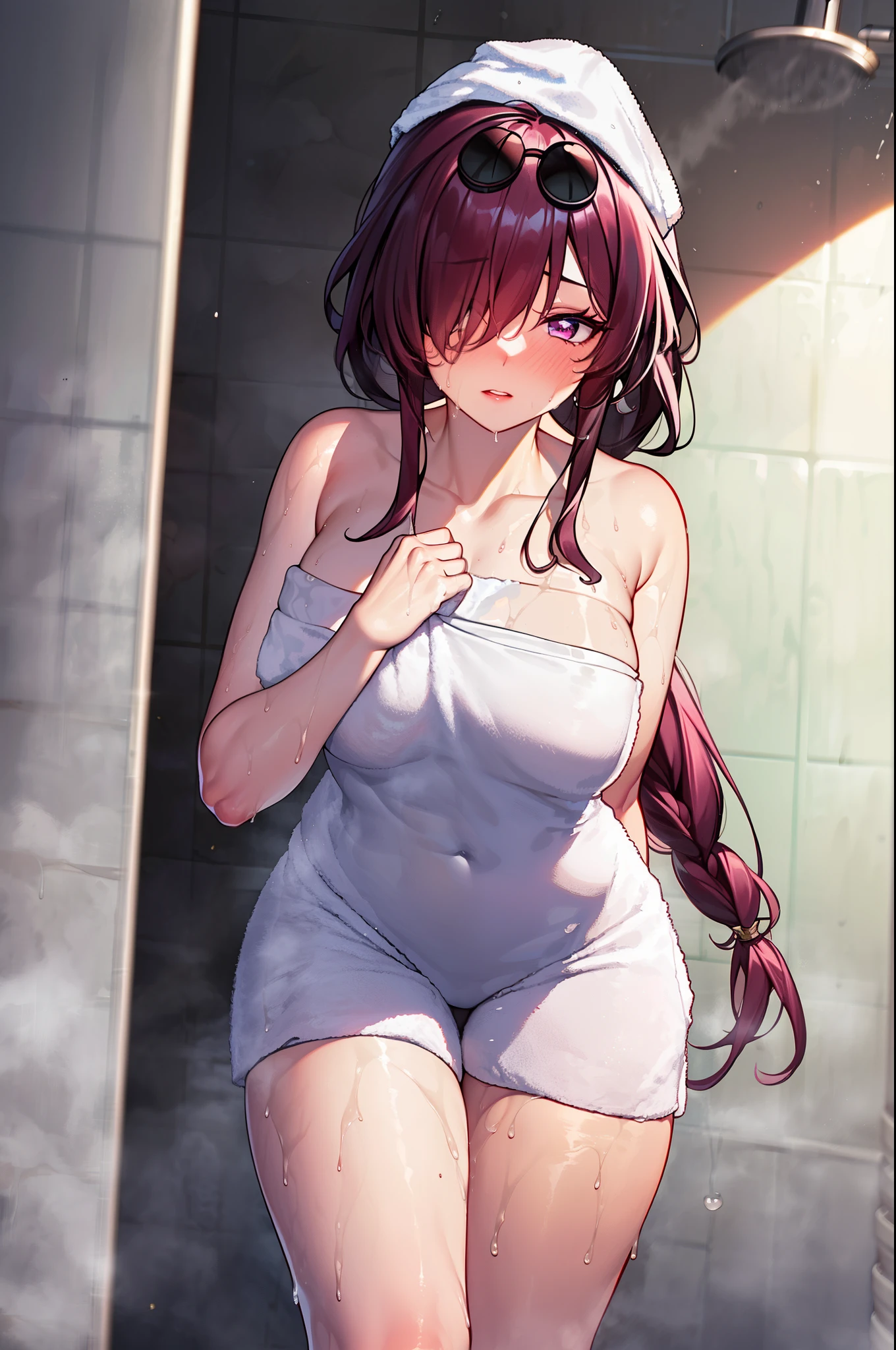 ((,inside the shower,flustered,(wearing a towel only:1.4),)), masterpiece, best quality, 1girls, solo, looking at viewer, blush, hair ornament, long hair, bangs, braid, hair over one eye,,indoors,shower, parted lips,parted lips, thigh gap,full body,shower running in the background
