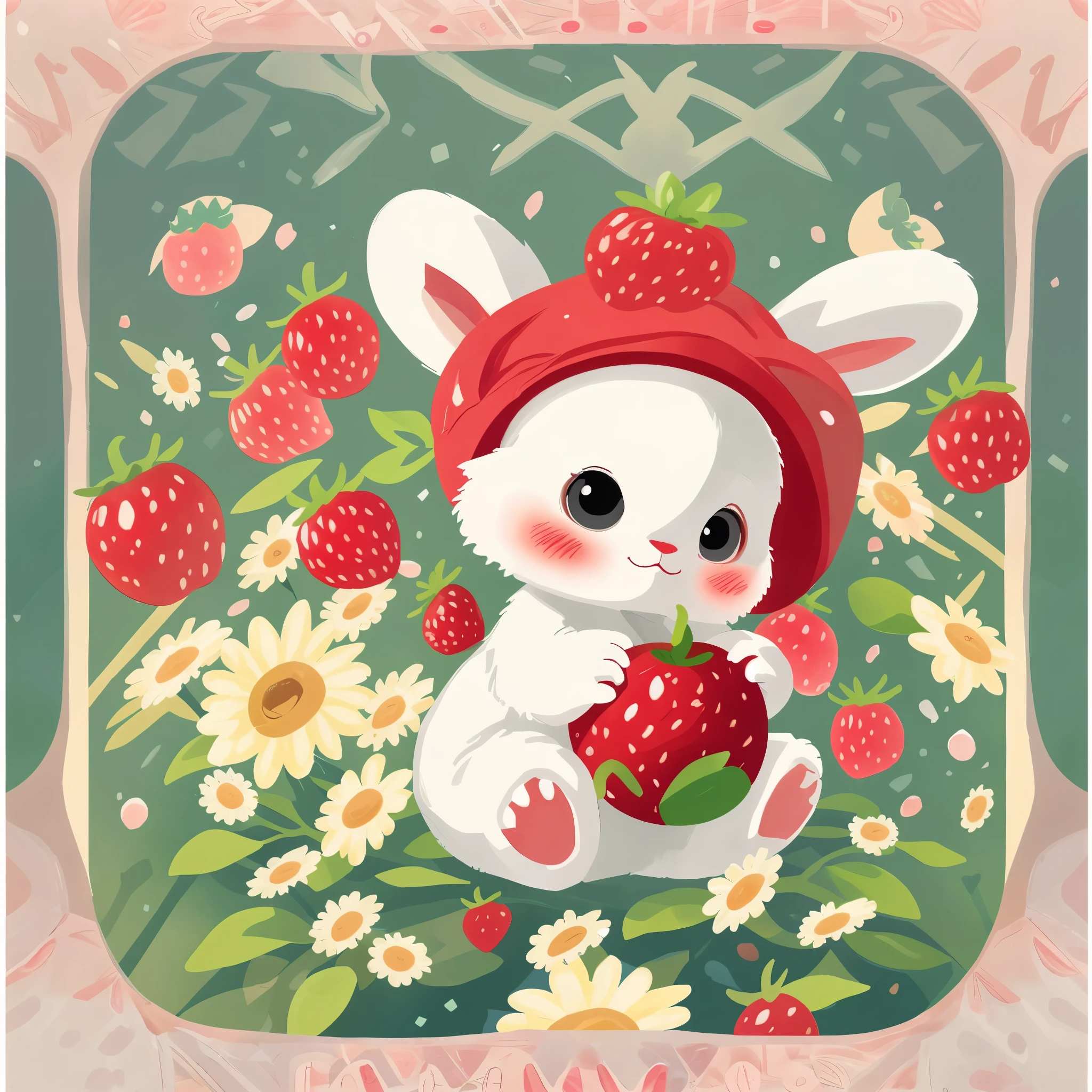 : 3. bunny, realistic, furry animal, apple, black eye, blush, cherry, food, flower, full body, cute little hat, non-human, strawberry, tomato, flat color, simple color, tarot card style