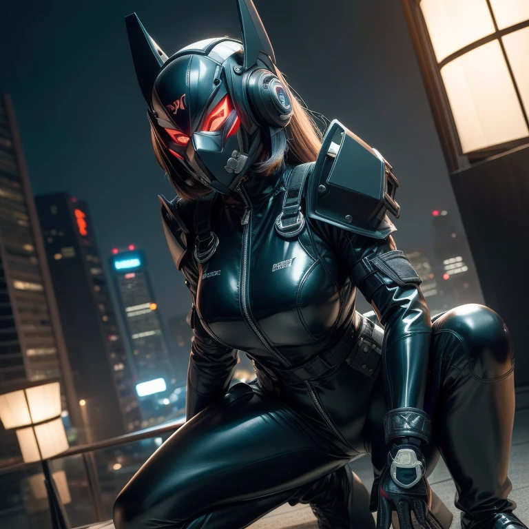 A beautiful Asian woman alone she is wearing a swat vest and on her face a skull mask, She's wearing a black latex jumpsuit, she's open her cloth, detailed body traces, armas, she's in a destroyed city, corpo inteiro, bota preta, tactical gloves, Action Pose, qualidade 4k 8k 16k, Very high resolution, foco nítido, luz suave, ambient lighting, realista, Ultra detailed mask.