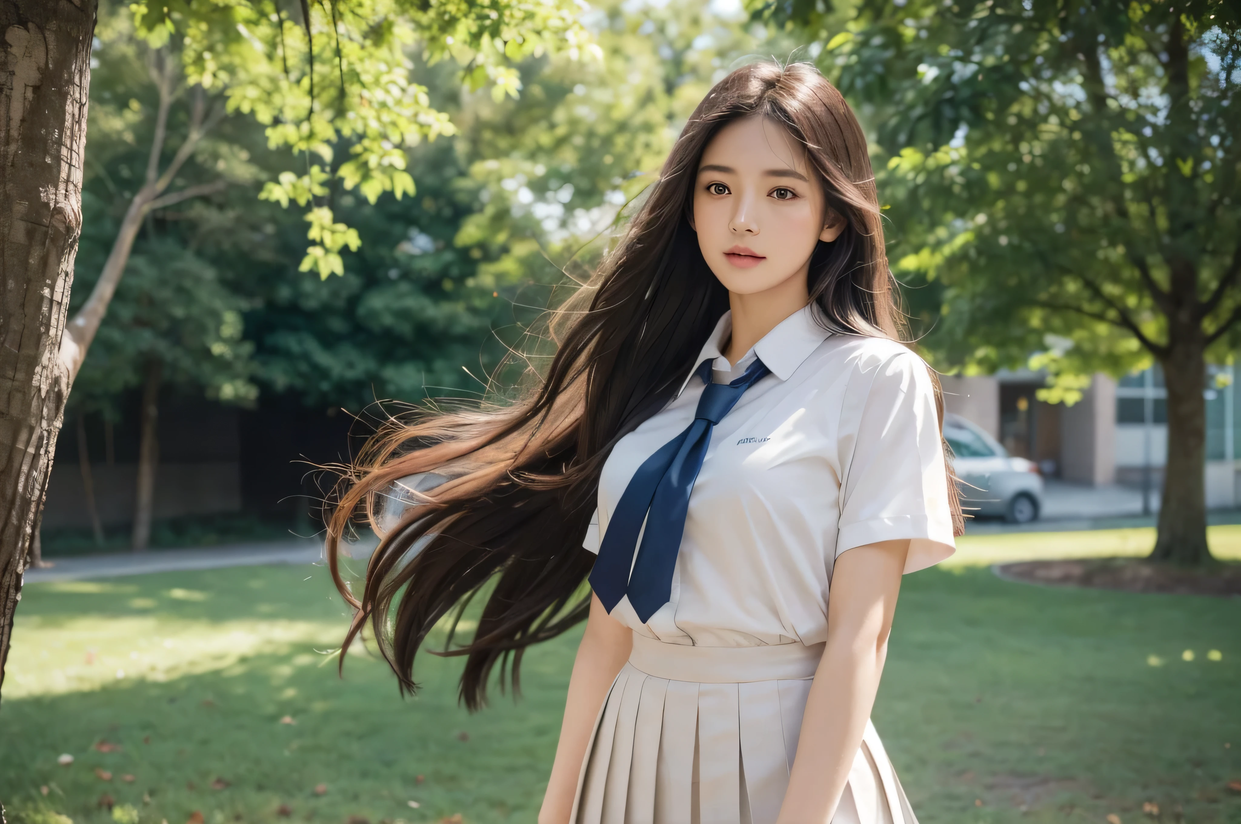 woman in a school uniform,half body shot,flowing hair,best quality,highres,on the outside of the school,focused and determined expression,vibrant colors,sunlight filtering through the trees,gentle breeze blowing her hair,meticulously detailed fabric and texture,impeccable stitching and buttons,pleats and folds in the uniform creating a sense of movement,highlighted contours and shading,realistic skin tones and subtle blush,crisp and clear lines,professional-grade rendering,subtle hint of nostalgia,soft pastel color palette,evoking a sense of tranquility,subtle lens flare adding a touch of whimsy,prominent shadows creating depth and dimension