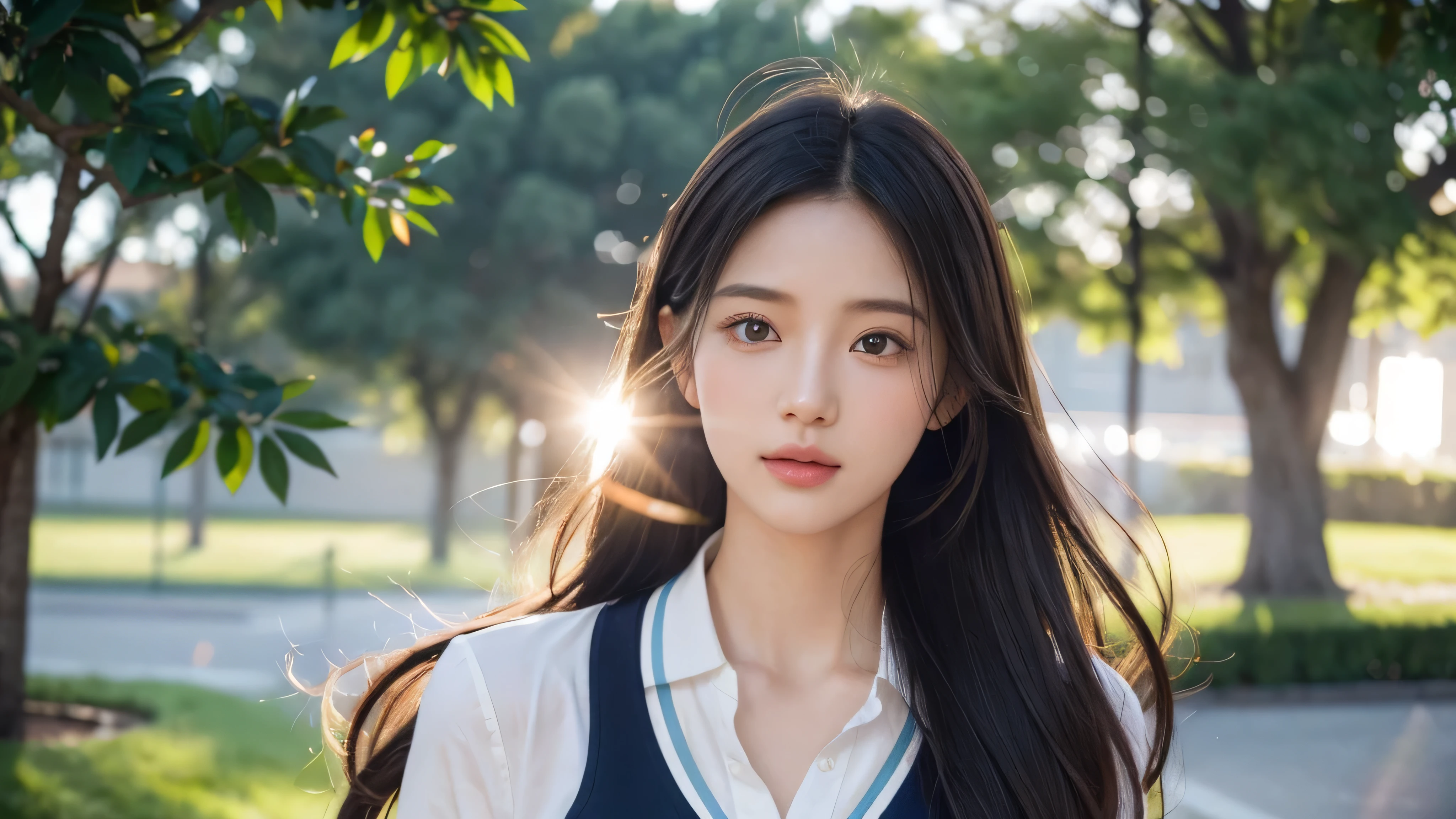 woman in a school uniform,half body shot,flowing hair,best quality,highres,on the outside of the school,focused and determined expression,vibrant colors,sunlight filtering through the trees,gentle breeze blowing her hair,meticulously detailed fabric and texture,impeccable stitching and buttons,pleats and folds in the uniform creating a sense of movement,highlighted contours and shading,realistic skin tones and subtle blush,crisp and clear lines,professional-grade rendering,subtle hint of nostalgia,soft pastel color palette,evoking a sense of tranquility,subtle lens flare adding a touch of whimsy,prominent shadows creating depth and dimension