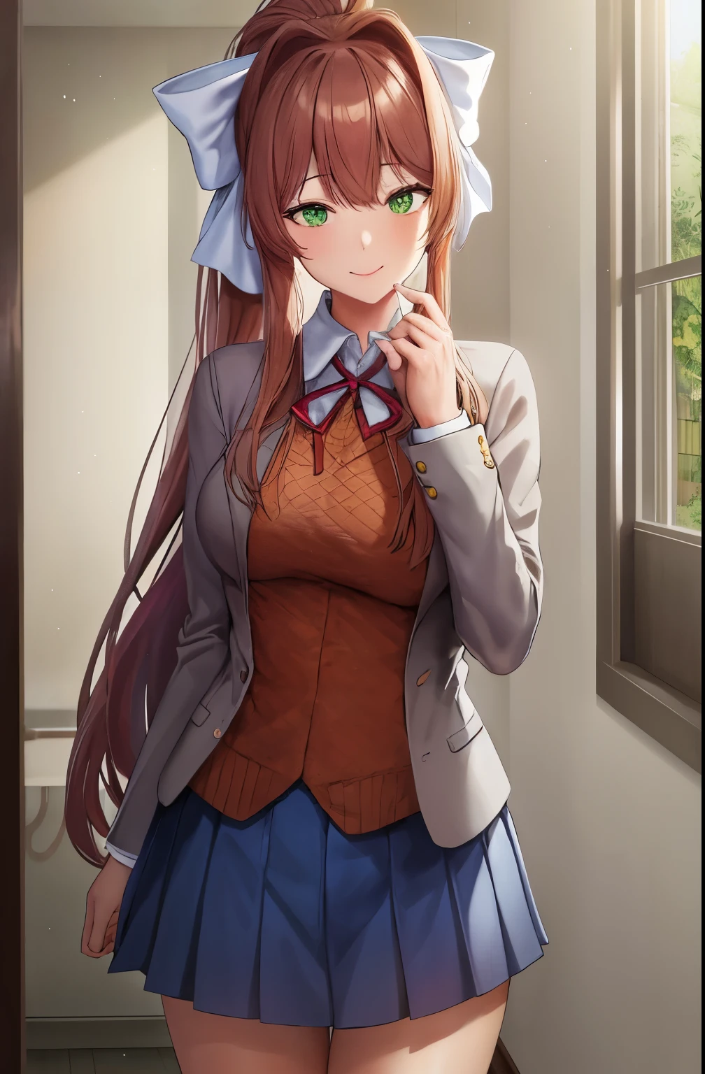 Masterpiece, realistic, 2d, (masterpiece, best quality, beautiful quality, looking at viewer, detailed lighting, 8k:1.1), (a picture of a woman, hand on face, light smile, looking at viewer, big room, solo, 1girl:1.1), monika, green eyes, brown hair, very long hair, ponytail, hair ribbon, white ribbon, blazer, brown sweater, collared shirt, neck ribbon, blue skirt