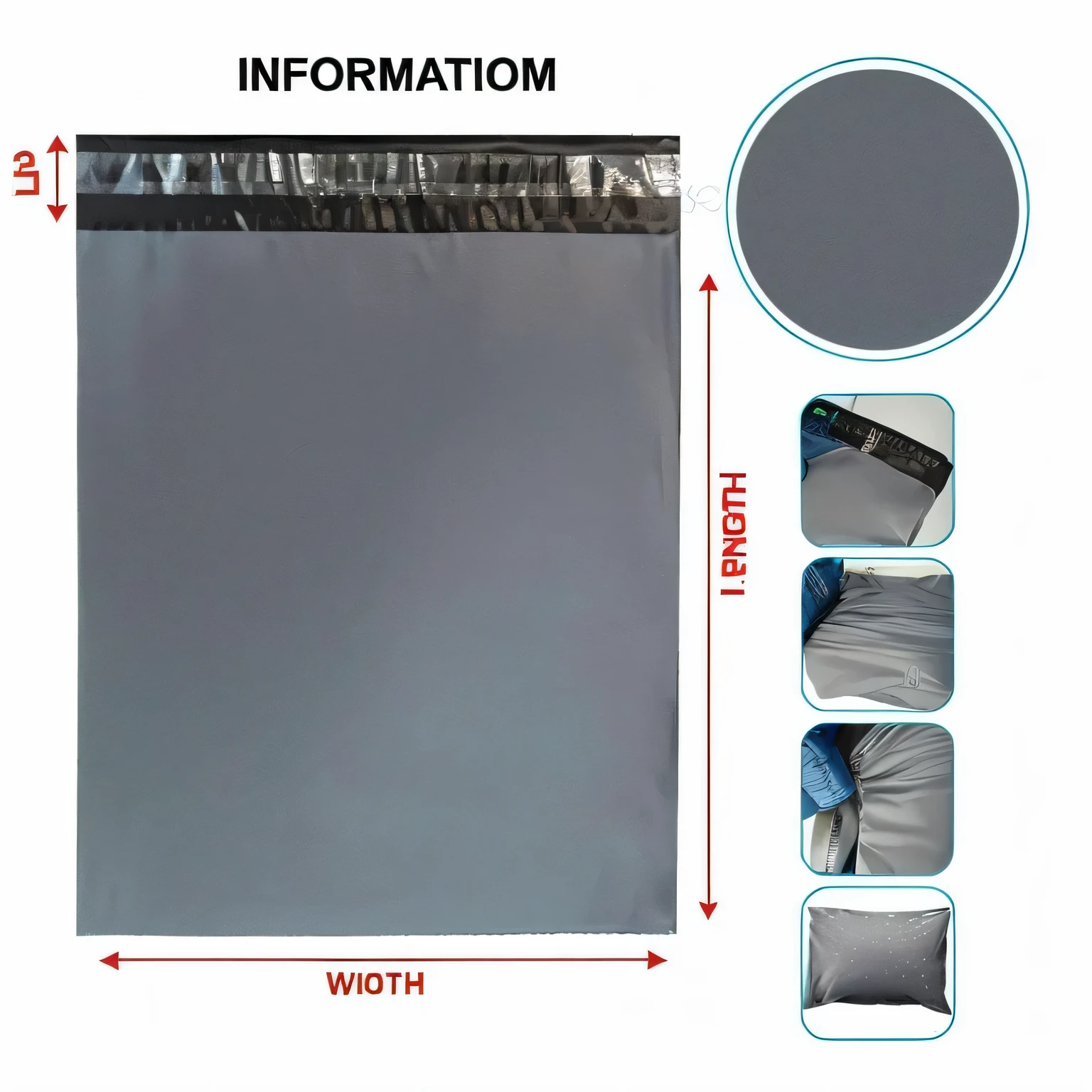 a close up of a picture of a gray bag with information, package cover, front side full, full subject shown in photo, product view, various sizes, t100, t 1 0 0, back facing, front side view full sheet, profile close-up view, ( side ) profile, front and back, self, overhead view, above side view