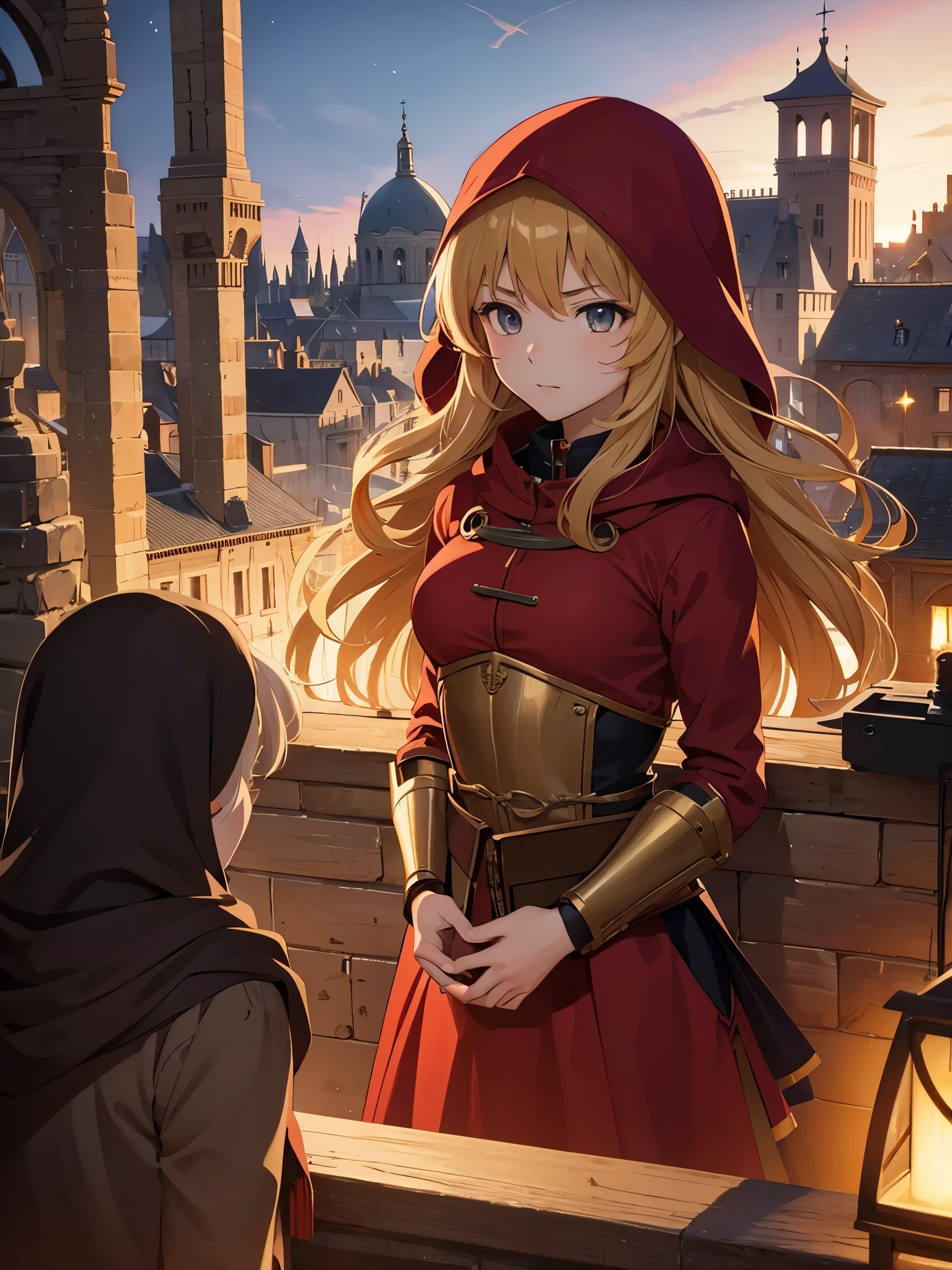 anime illustration、High resolution、serious 15 year old、golden perm hair with red hood、medieval french city at dusk、crowd of shadows、Ghibli