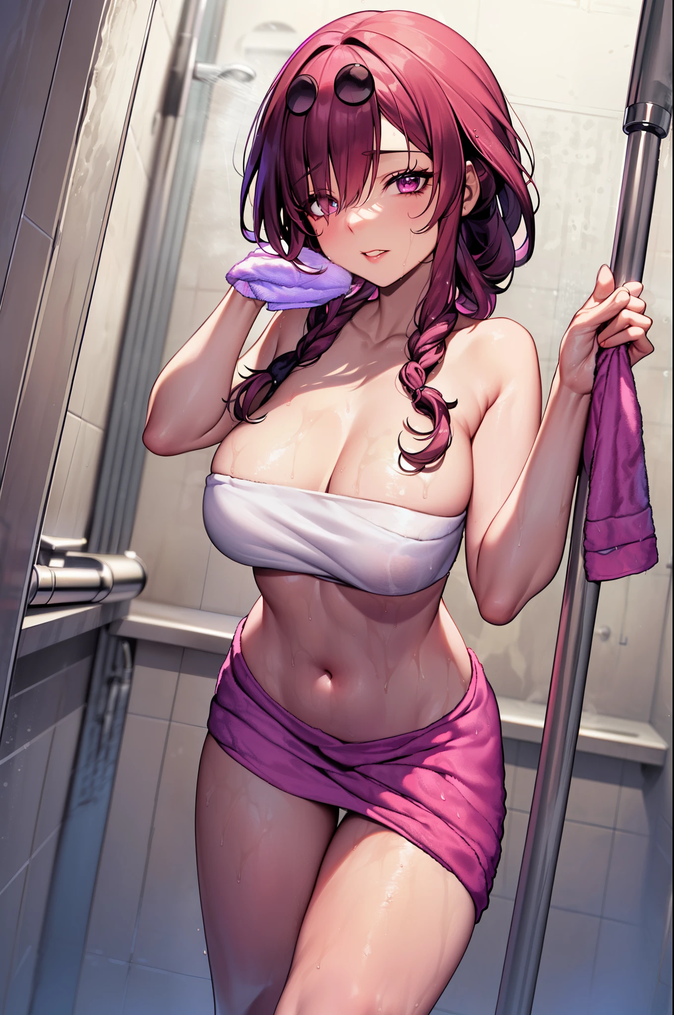 ((,inside the shower,showing off her body,teasing,smug face,(wearing a towel only:1.4),)), masterpiece, best quality, 1girls, solo, looking at viewer, blush, hair ornament, long hair, bangs, braid, hair over one eye,,indoors,shower, parted lips,parted lips, thigh gap,full body,shower running in the background