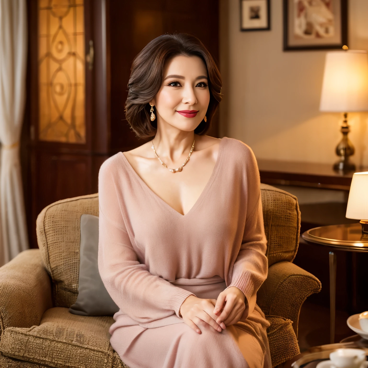 (highest quality、table top、8K、best image quality), The most beautiful and classy 45 year old mature woman、 (Photo of a woman above the knee:1.1)、Beautiful detailed face、standing in the living room、elegant and beautiful loungewear、A sad and fleeting smile staring at me、perfect makeup、Bewitching、glossy、A sexy mature woman、big breasts、plump body、boredom、lipstick、long eyelashes、perfect glossy beautiful lips、plump lips、Beautiful and classy eye shadow The most beautiful and classy hairstyle、(accurate anatomy:1.1)、perfect makeup、blurred background