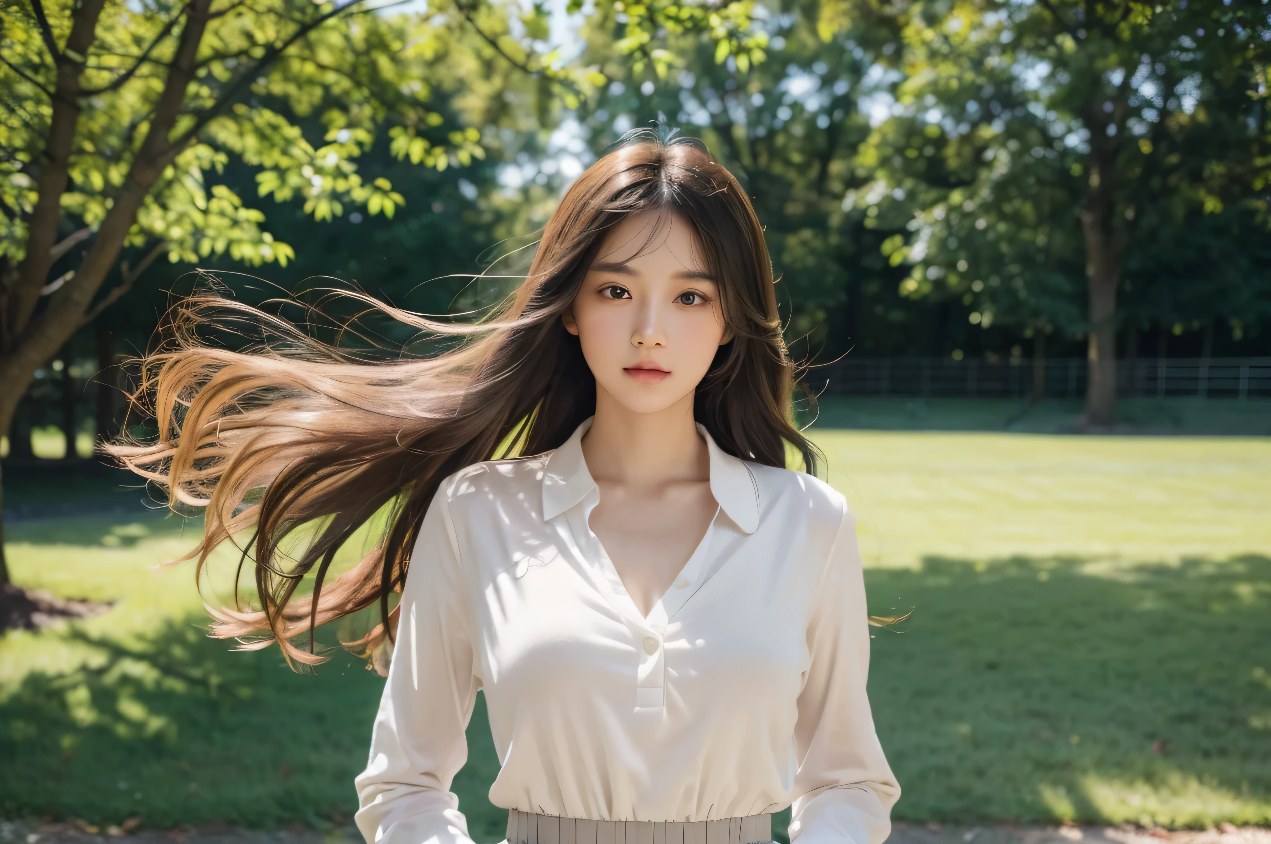 woman in a school uniform,half body shot,flowing hair,best quality,highres,on the outside of the school,focused and determined expression,vibrant colors,sunlight filtering through the trees,gentle breeze blowing her hair,meticulously detailed fabric and texture,impeccable stitching and buttons,pleats and folds in the uniform creating a sense of movement,highlighted contours and shading,realistic skin tones and subtle blush,crisp and clear lines,professional-grade rendering,subtle hint of nostalgia,soft pastel color palette,evoking a sense of tranquility,subtle lens flare adding a touch of whimsy,prominent shadows creating depth and dimension