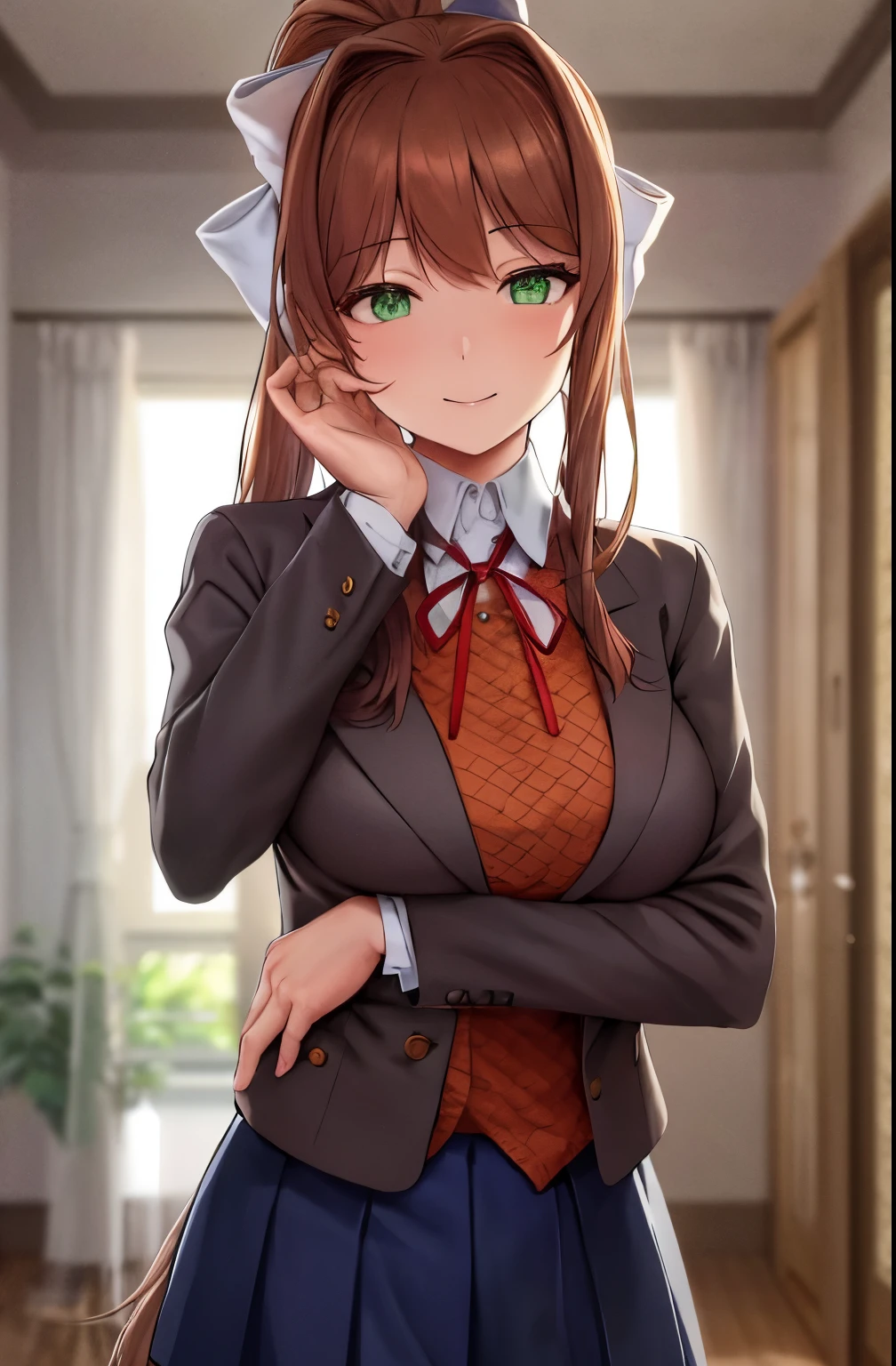 Masterpiece, realistic, 2d, (masterpiece, best quality, beautiful quality, looking at viewer, detailed lighting, 8k:1.1), (a picture of a woman, hand on face, light smile, looking at viewer, big room, solo, 1girl:1.1), monika, green eyes, brown hair, very long hair, ponytail, hair ribbon, white ribbon, blazer, brown sweater, collared shirt, neck ribbon, blue skirt