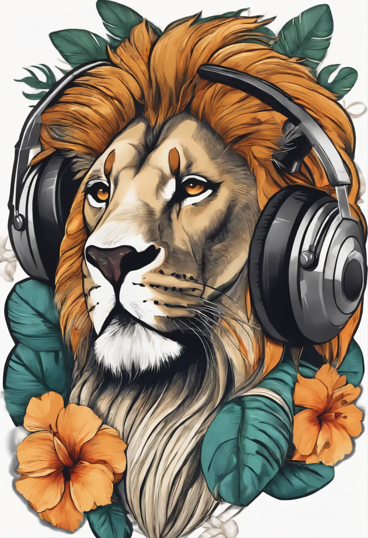 Cute stickers, black lion wearing headphones and playing DJ, Tropical Beach, Retro Classic, simple drawing,