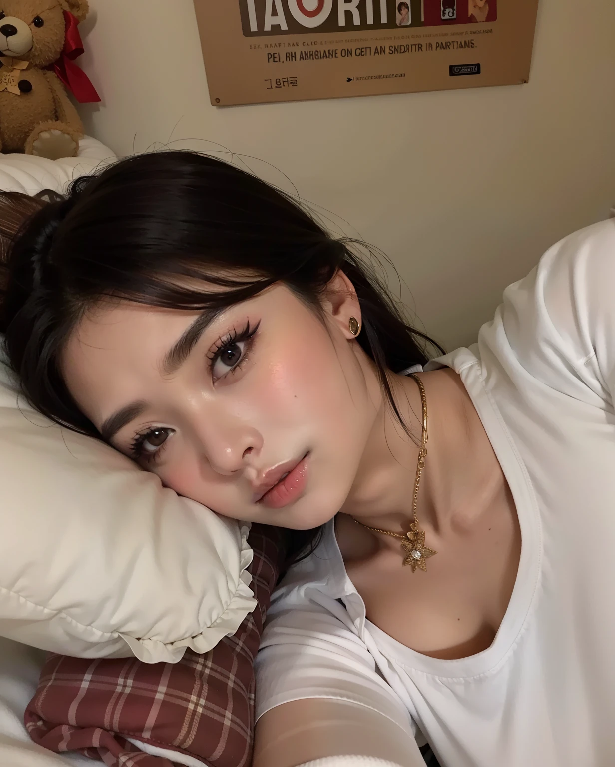arafed asian woman lying on a bed with a teddy bear, muchacha coreana, beautiful south mujer coreana, ulzzang, gorgeous young mujer coreana, beautiful young mujer coreana, asian girl, beautiful asian girl, mujer coreana, sakimichan, cara sexy con maquillaje completo, 18 years, chica joven y linda, chica linda-cara-fina