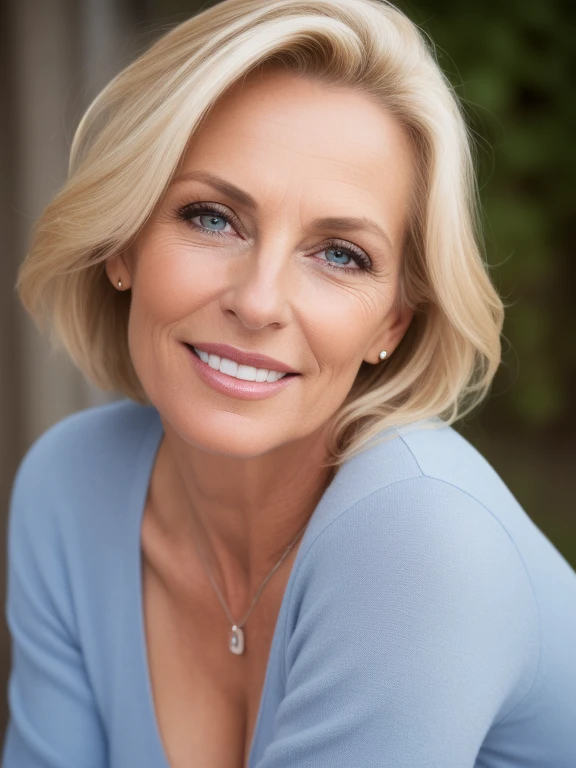 50yo european woman, mature, beautiful female arafed model, eye wrinkle , wrinkles around mouth, forehead wrinkle, attractive beautiful face, blond hair with blond highlights, big saggy boobs, fotorealistisch, Sommersprossen Gesicht, Cinematically beautiful natural skin, fit body, beautiful model girl, guckt direkt in die Kamera, RAW Fotografie sehr realistisch, shot taken from hip height, smile, hair tied up, bags under the eyes, full body picture, emphasis on face details, sultry and mysterious smile, tight sweatshirt, blue jeans