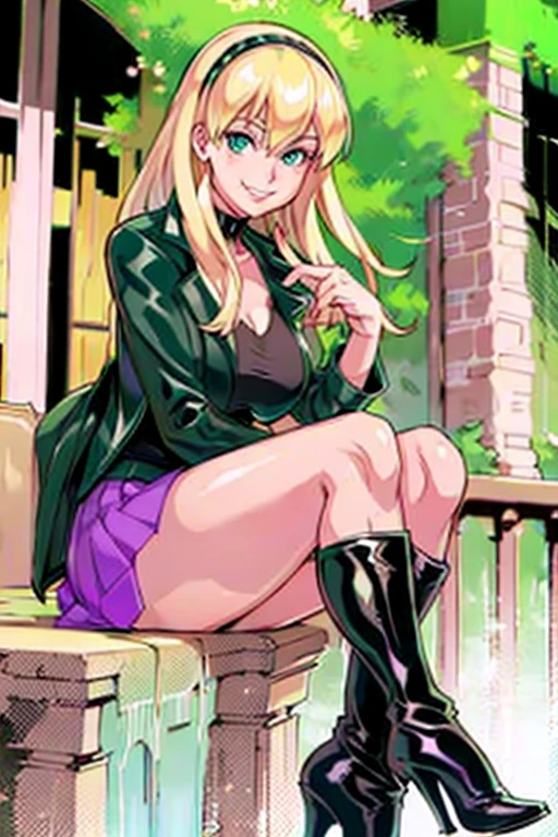 gwen stacy, blonde hair, black tiara, black shirt, avocado green blazer on top, purple skirt, black leather boots, sitting, naughty smile