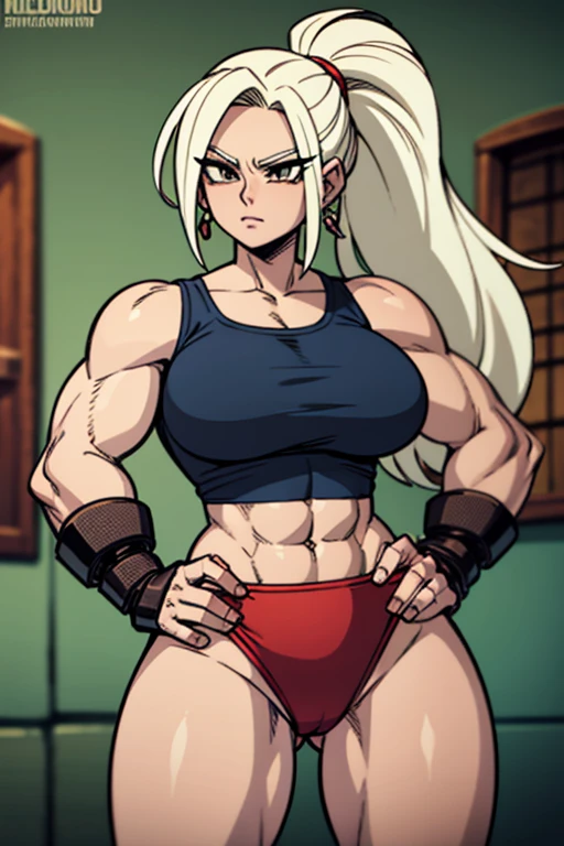 mulher bonita e forte estilo dragon ball exibindo os musculos extremamente definidos malhando