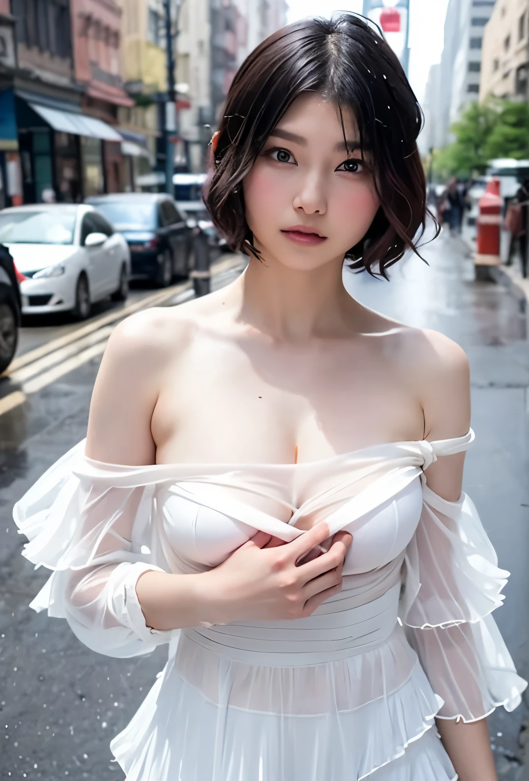 white dress posing for a photo、 model pose、bold pose、beautiful asian girl、japanese girl、cute thin face of girl、young woman、short hair、(pink hair:1.1)、((highest quality、8k、masterpiece:1.3))、focus:1.2、perfect body beauty:1.4、butt:1.4、((layered haircut、beautiful breasts:1.5))、(wet clothes:1.1)、(rain、street:1.3)、off shoulder、see through dress;1.3、bandeau dress:1.1、Highly detailed face and skin texture、delicate eyes、double eyelid、 white skin、long hair、(shut up:1.3)、rain上がり、(empty rainbow:1.1)、(White dress:1.2)、Gorgeous Manhattan skyline
