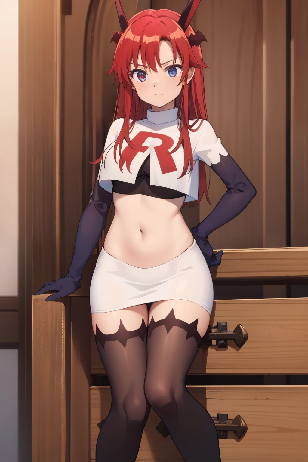 (masterpiece:1.3), (absurdres:1.3), (best quality:1.3),looking at viewer, tania-fi, dragon horns, dragon tail,  team rocket,team rocket uniform,white skirt,crop top,black thigh-highs,black elbow gloves,