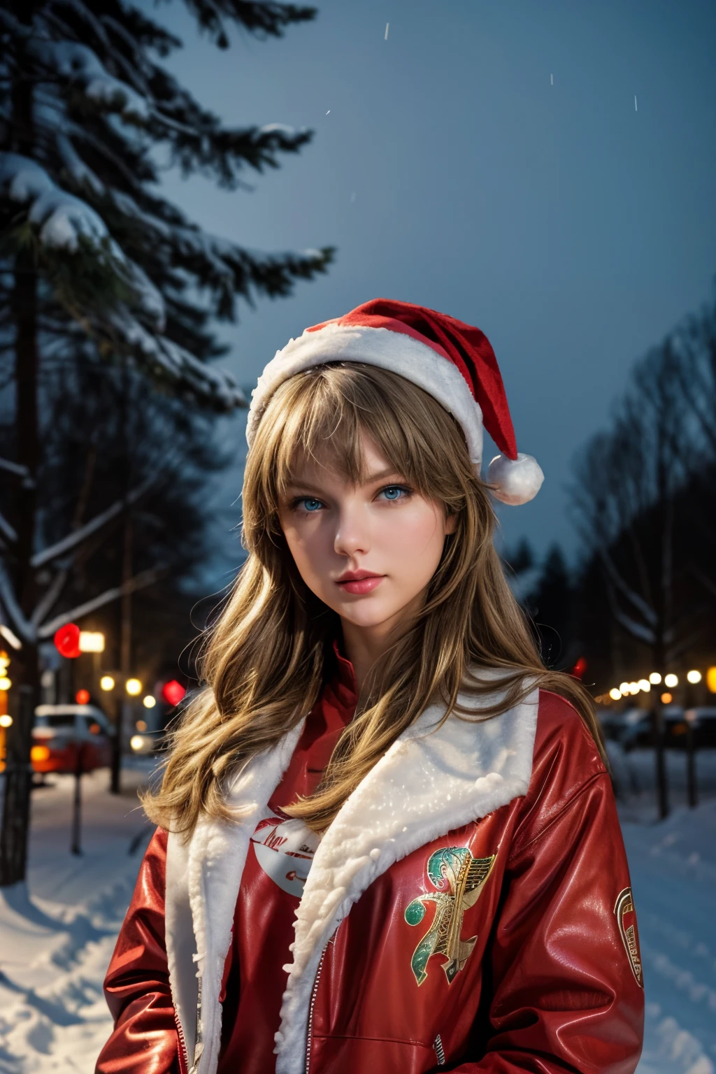 a photo of Taylor Swift wearing santa outfit standing in park, snow, snowfall, outdoors, snowflakes, night, neon lights, happy, (RAW photo, best quality), (detailed body:1, 5) (high detailed skin:1. 2) , (best quality:1. 4) , (blemishes:1) , (highly detailed clothes:1) (highly detailed face:1) , (((real hair))) (masterpiece) (best quality) (detailed) (8k) (HDR) (wallpaper) (cinematic lighting) (sharp focus) (intricate), (8k, RAW photo, best quality, masterpiece:1. 2), (realistic, photo-realistic:1. 37), ultra high res, (focus face:1. 6), (portrait face:1. 3), (high contrast:1. 1), (intense:1. 1), (detailed:1. 1), (highest quality, (analog:1. 2), (high sharpness), real shadow, photographed by Canon EOS R6, 135mm, 1/1250s, f/2. 8, ISO 400