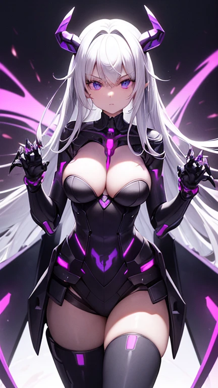 ((8k ultrasharp, Masterpiece, look at viewers with sternly)), A girl, her appearance She has long a White Hair fall's through her waist, she wearing a plain black cap, and Her pupil Tyrian purple vertical, a Transparent mechanic body, a horn antler Cybernetic glows Purple top of head, a purple mecha orb through her chest, has a robotic Cybernetic hands with glowing claws purple, Mecha tail behind her has sharp razor mechanical,