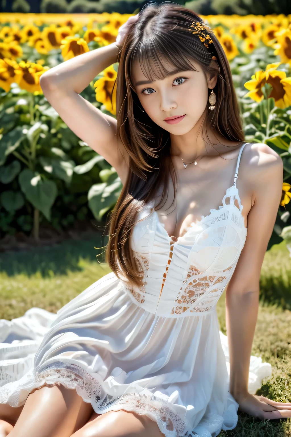 cyborg, android, (Masterpiece:1.3), (8K), (Best Quality:1.4), (UHD:1.2), (Photorealistic:1.3), (Raw Photography), (1girl), (Ultra High Detailed), (Detailed face), very perfect beautiful and cute face, (Detailed hair), Beautiful hair, bangs, (symmetrical eyes:1.3), (Detailed eyes), (Detailed skin), Realistic skin, shiny skin, Ultra high definition, (medium breasts:0.7), (slim figure), (super model figure), 20yo, 

(wearing a Knee-length dress, white cutwork dress, inner ), 
in a field of sunflowers, combing back her hair, sunlight on her face